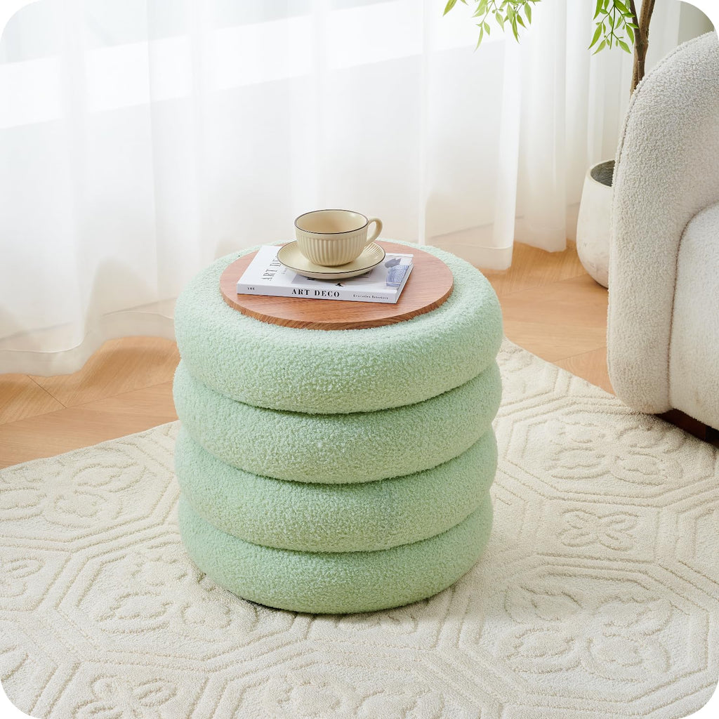 Round Storage Ottoman, Modern Sherpa Footstool with Flip-Top