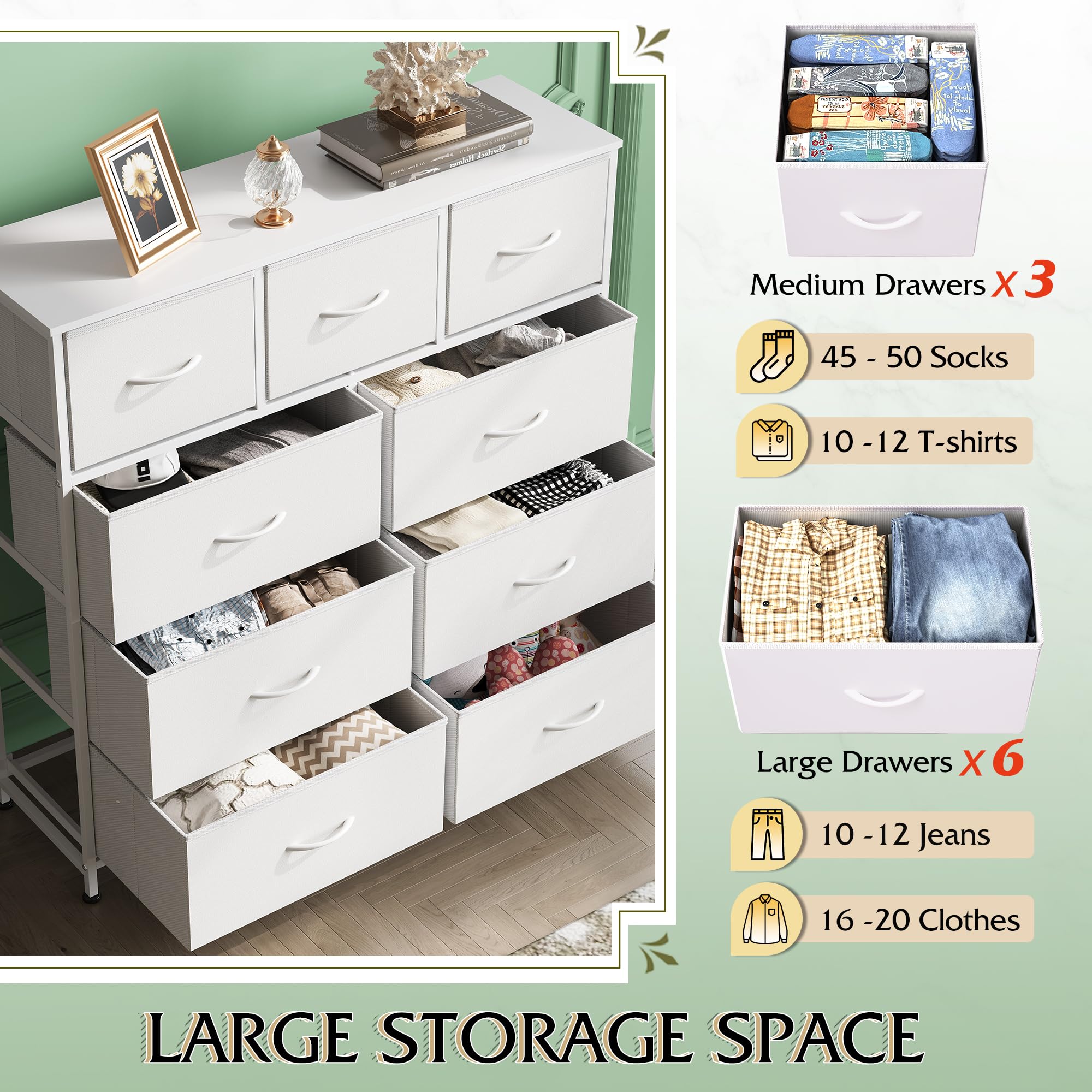 Drawer Fabric 9 Dresser â€?Tall Storage Tower with Bins, Steel Frame, and Wood Top