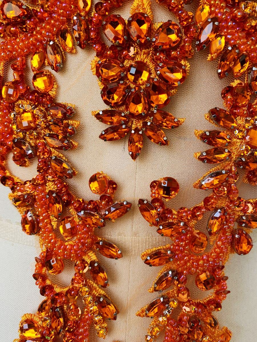 Handmade red/Blue/Gold/Green Rhinestones lace Bodice Applique Sewing Beads Crystal Trim Patches Accessory for Dress Clothes (Rose red)