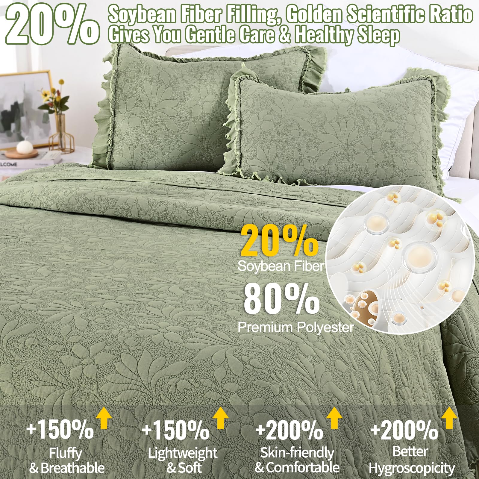 Ruffled Floral Quilts Soybean Fiber Filling Bedding Set 3 Piece, Stone-Washed Microfiber Shabby Chic Lightweight Soft Bedspread