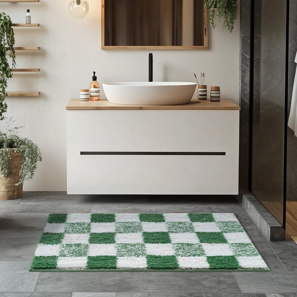 Checkered Bathroom Rugs, Fluffy Rug, Absorbent Microfiber Ultra Soft Bath Mat Washable, Non-Slip Bath Mats for Bathroom, Cute Floor Mat