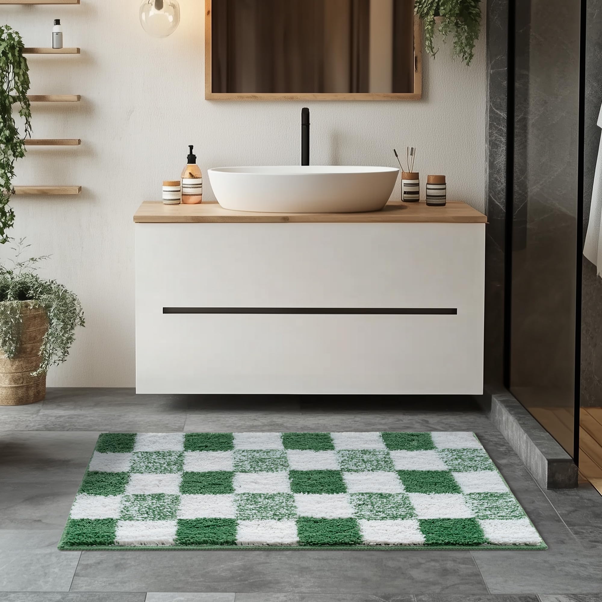 Checkered Bathroom Rugs, Fluffy Rug, Absorbent Microfiber Ultra Soft Bath Mat Washable, Non-Slip Bath Mats for Bathroom, Cute Floor Mat