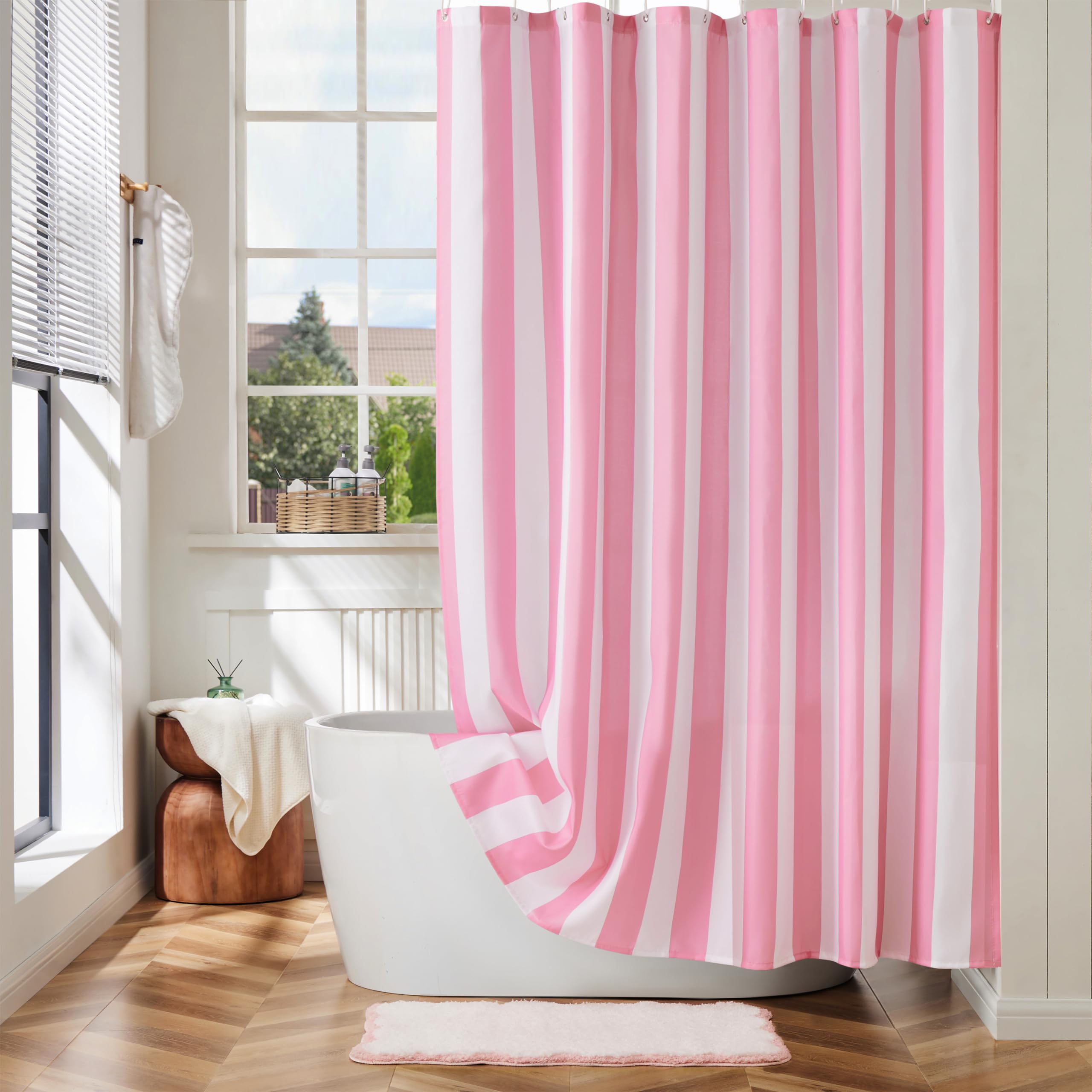 Pink Vertical Striped Shower Curtain, Cute Retro Vintage Stripe Bathroom Shower Curtain, Waterproof Polyester Fabric Modern Bath Curtain for Bathroom 72x72 Inches