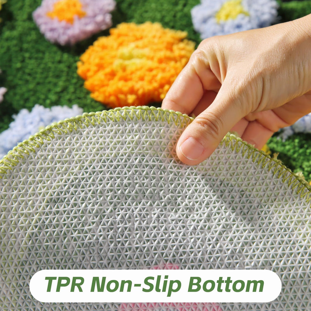 Moss Green Toilet Rugs, Luxury Tufted Extra Thick U-Shaped Toilet Rug,Cute Flower Green Moss Bath Mat Non Slip - Washable Water Absorbent Shag Bathroom Rugs for Bath