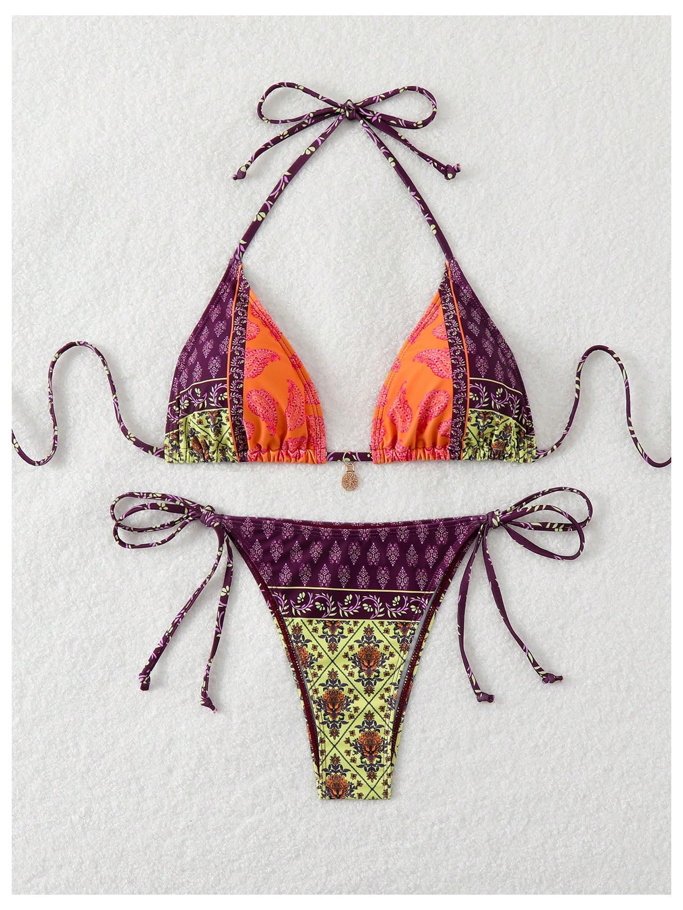 Women's 2 Piece Paisley Print Swimsuit Boho Halter Backless High Cut String Bikini Set