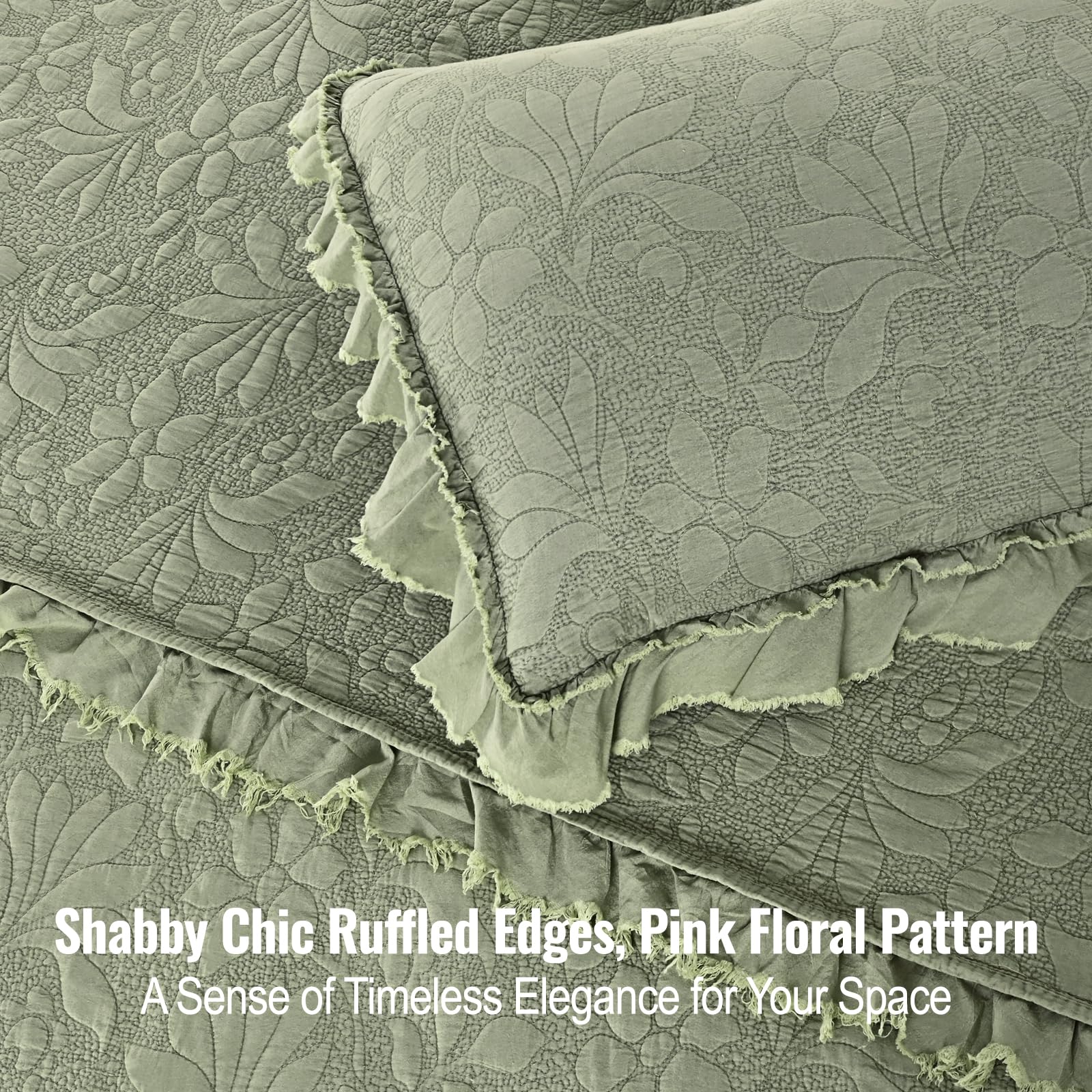 Ruffled Floral Quilts Soybean Fiber Filling Bedding Set 3 Piece, Stone-Washed Microfiber Shabby Chic Lightweight Soft Bedspread