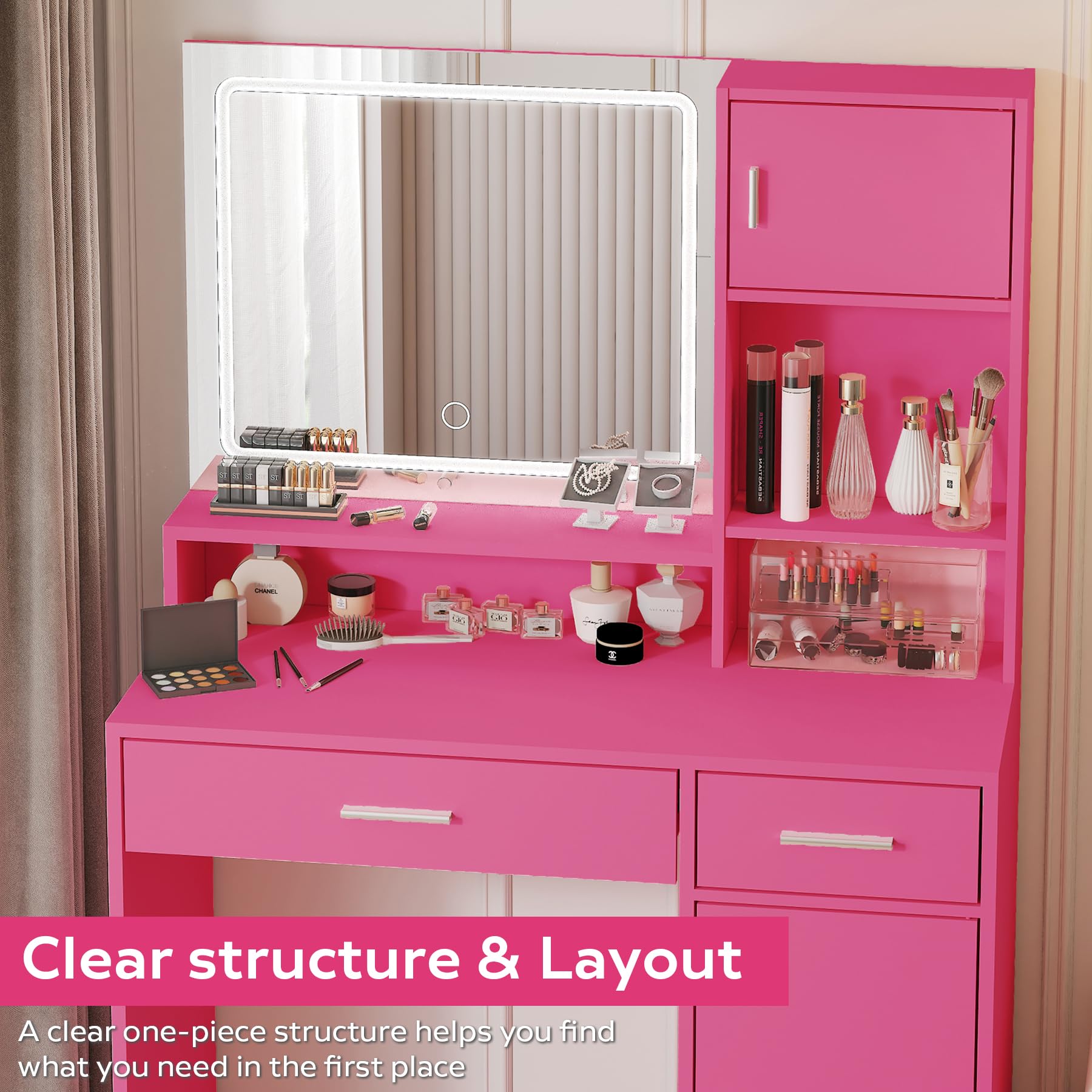 Vanity Desk with Mirror and LED Light Strip,Dressing Table with Large Drawer, 3 Level Storage Dresser & 3 Lighting Modes Adjustable Brightness