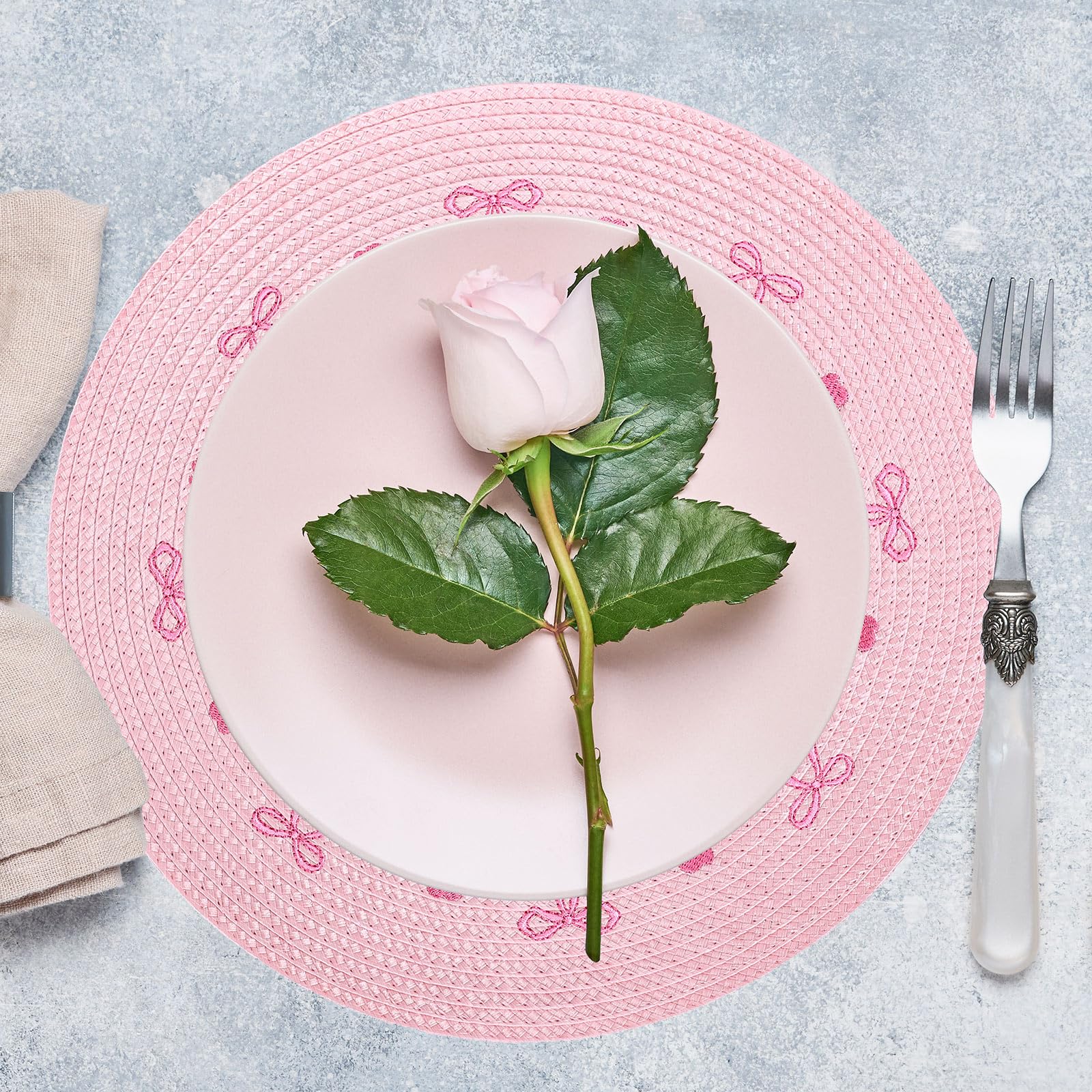 Whaline 4Pcs Round Placemats Pink Bow Embroidered Place Mats Coquette Bow Dinner Table Mats for Home Wedding Baby Shower Birthday Party Decor