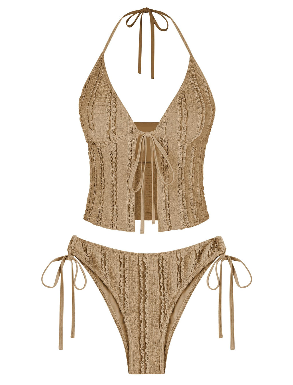 Tankini Swimsuits for Women Smocked Ruffles Tie Front Bowknot Textured High Cut Tanga Tankini Set