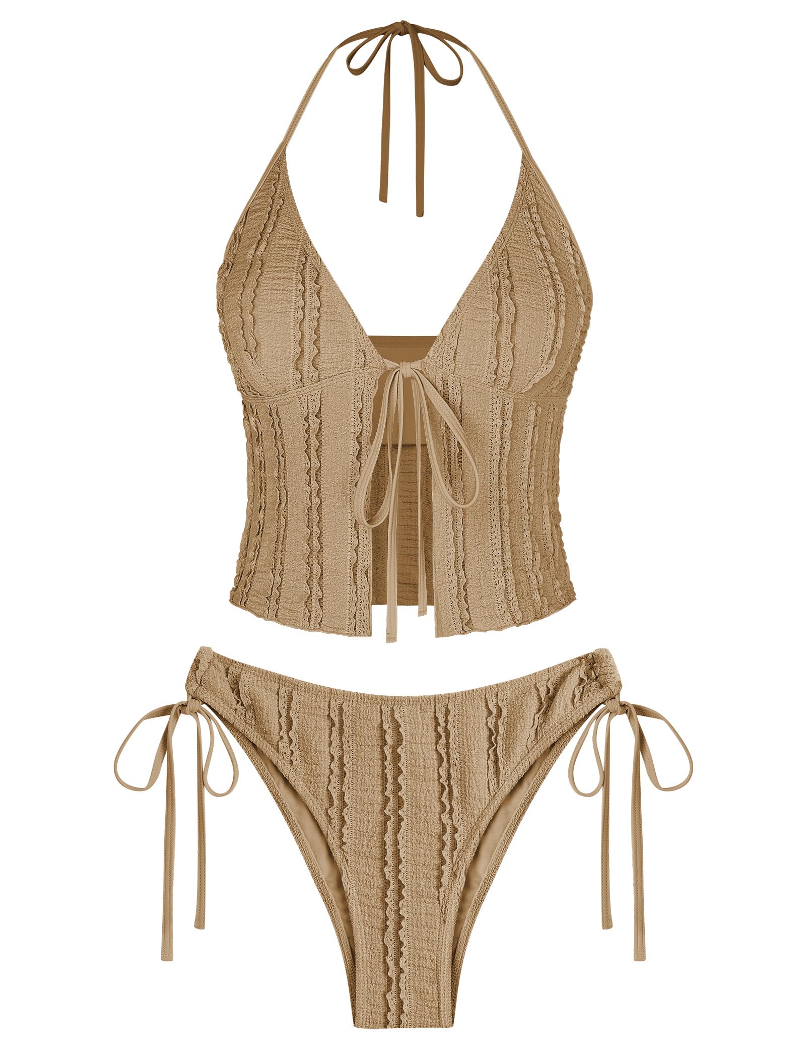 Tankini Swimsuits for Women Smocked Ruffles Tie Front Bowknot Textured High Cut Tanga Tankini Set