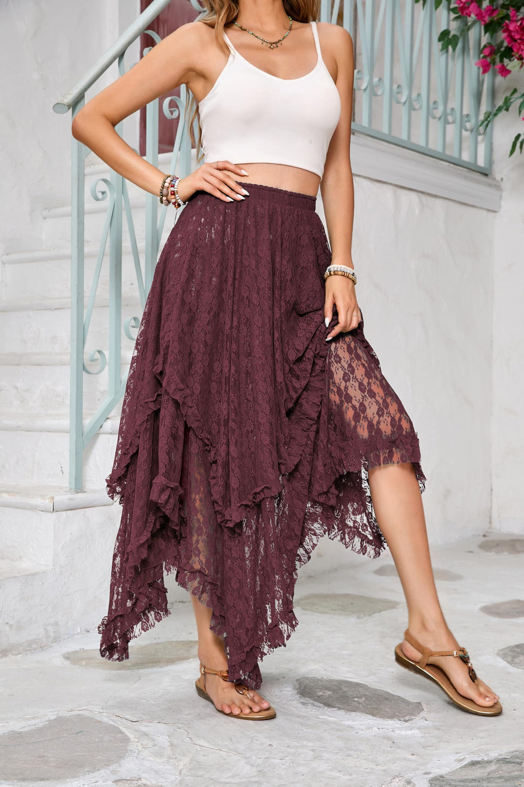 Women Lace Long Skirts Summer Elastic Asymmetrical Layered Hem Sexy See-Through Beach Floral Maxi Skirts