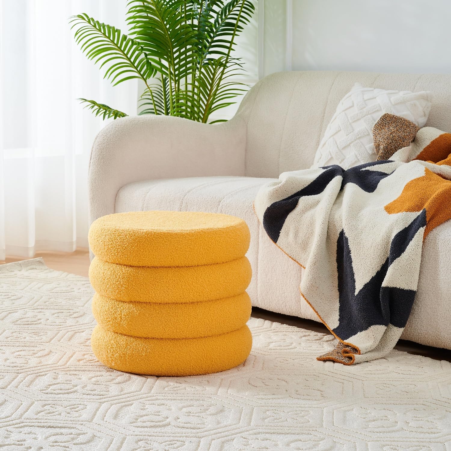 Round Storage Ottoman, Modern Sherpa Footstool with Flip-Top