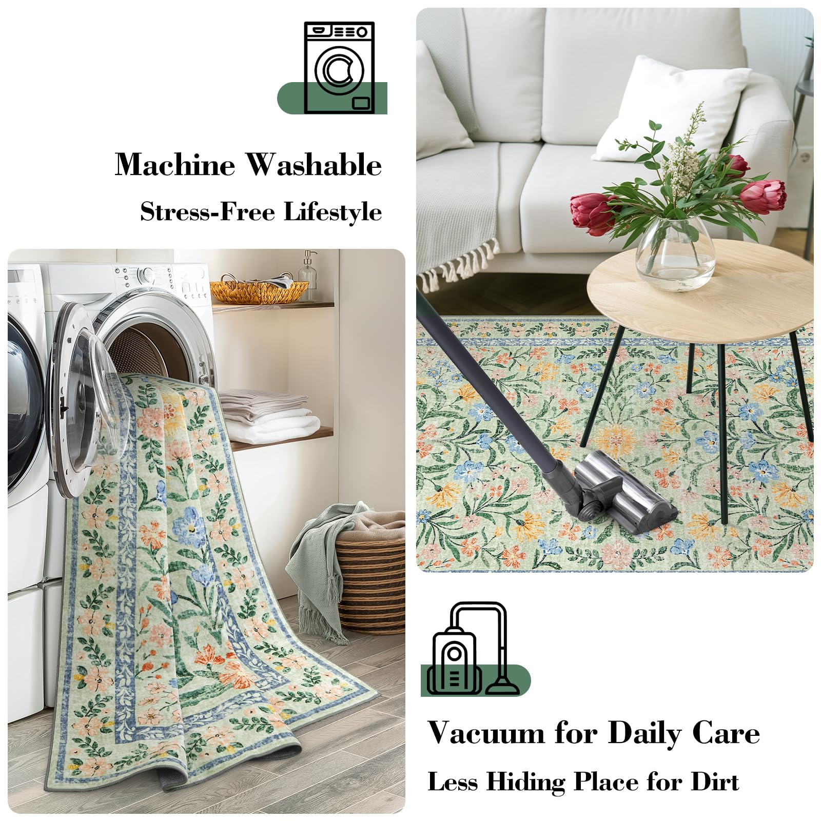 Machine Washable Boho Soft Floral Carpet Non Slip, Indoor Ultra-Thin Floor Carpet for Kid Room Living Room Dorm