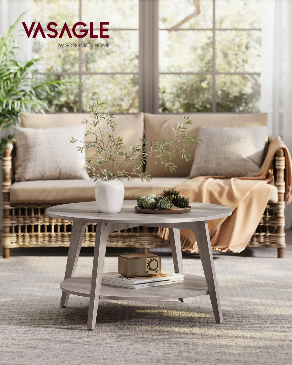 Round Coffee Table, 2 Tier Coffee Table with Storage, for Living Room, 31.5 x 17.7 Inches, Easy to Assemble