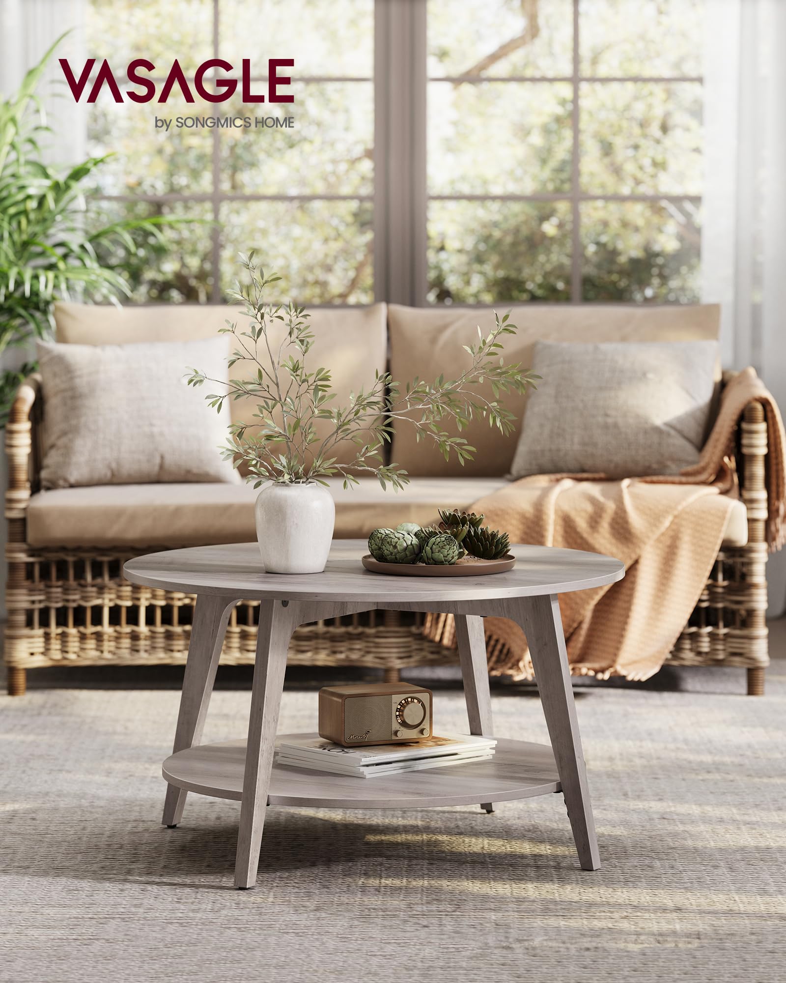 Round Coffee Table, 2 Tier Coffee Table with Storage, for Living Room, 31.5 x 17.7 Inches, Easy to Assemble