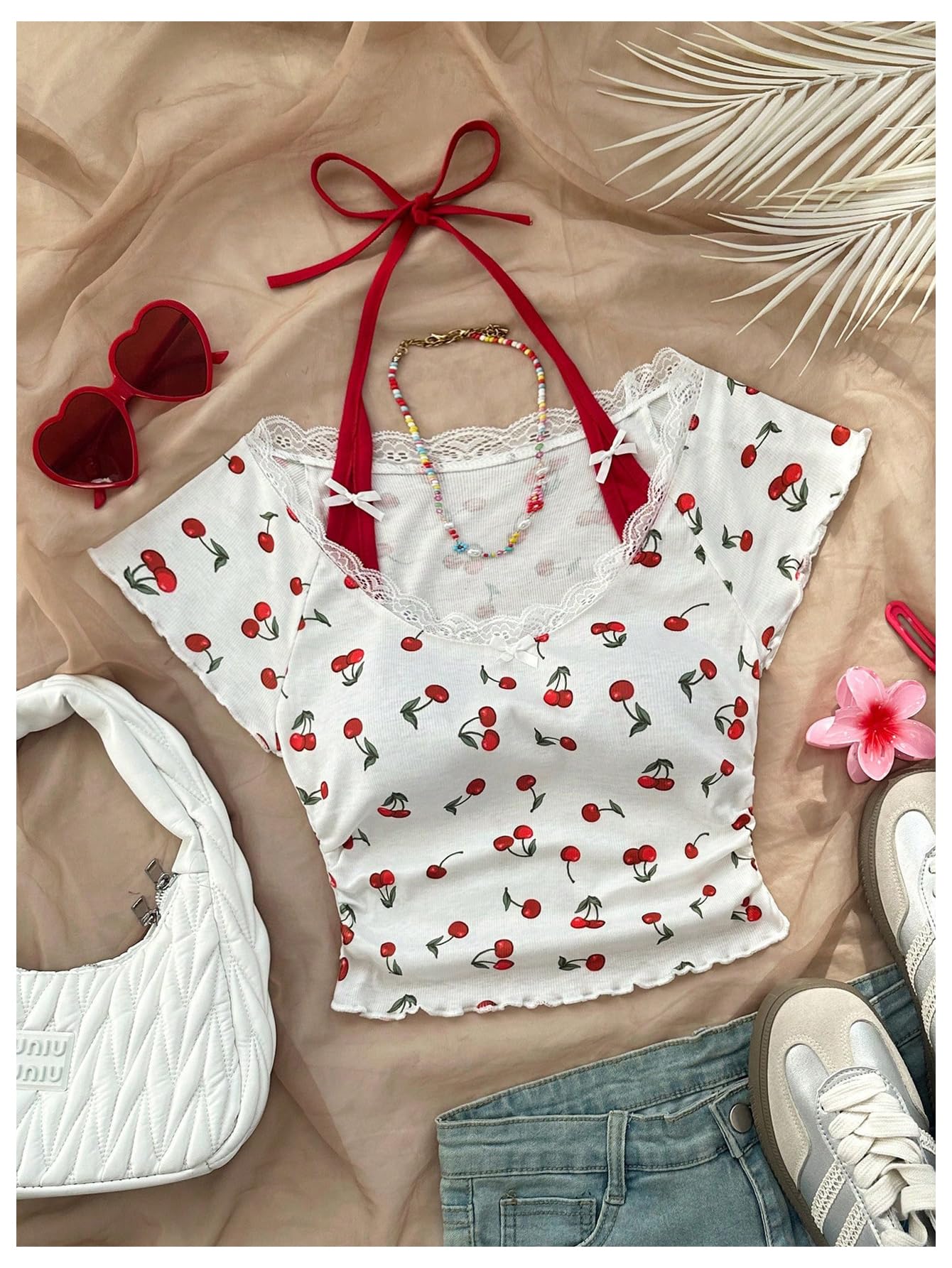 Women's Cherry Print Lace Trim Tee Shirt Halter Neck Short Sleeve Crop Tops