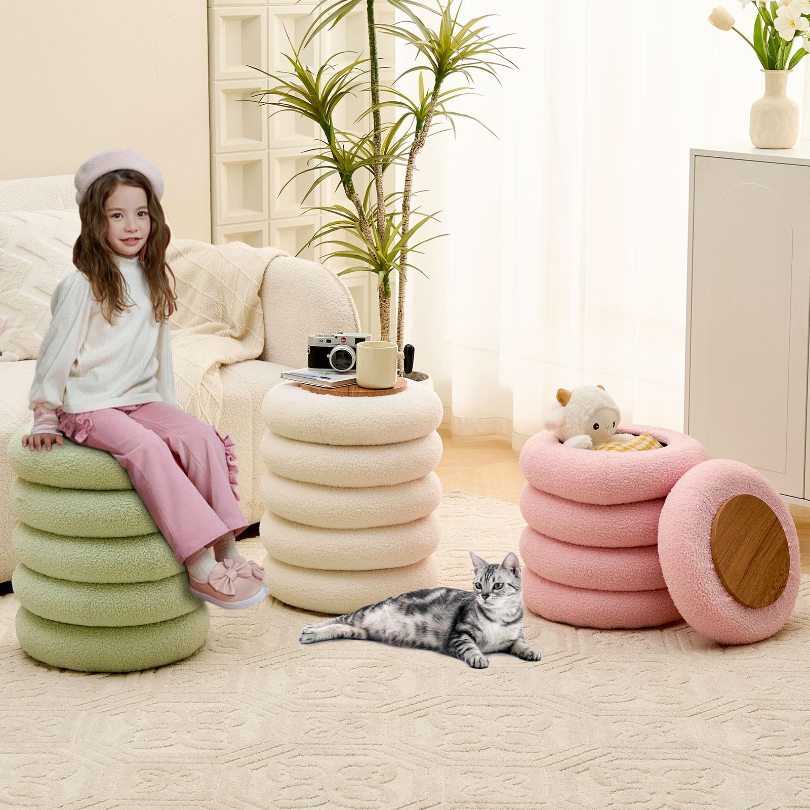 Round Storage Ottoman, Modern Sherpa Footstool with Flip-Top