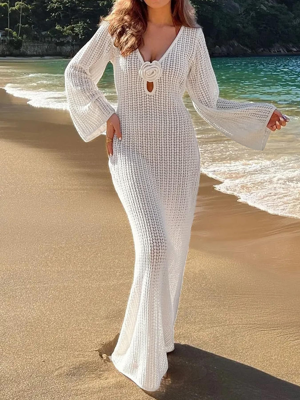 Women's Knitted Swimsuit Cover Up 3D Floral Hollow Out Open Back Tie-Up Maxi Dress Beachwear Coverup Dresses