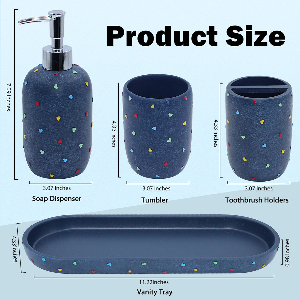 Premium Bathroom Accessories Sets 4-Piece, Pastel Heart Bathroom Accessory Complete Set - Toothbrush Holder, Lotion Soap Dispenser, Vanity Tray, Bathroom Tumbler for Countertop Vanity