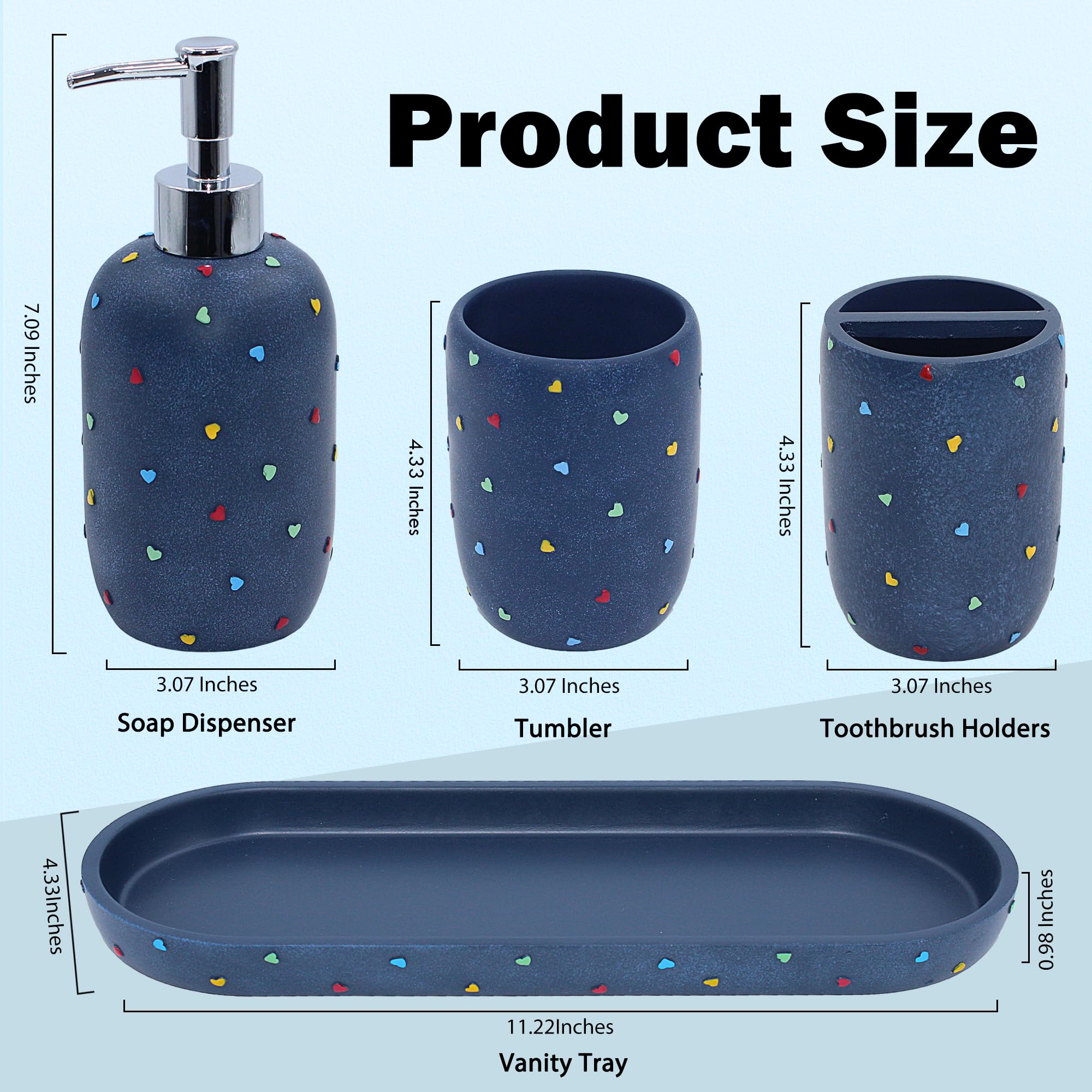 Premium Bathroom Accessories Sets 4-Piece, Pastel Heart Bathroom Accessory Complete Set - Toothbrush Holder, Lotion Soap Dispenser, Vanity Tray, Bathroom Tumbler for Countertop Vanity