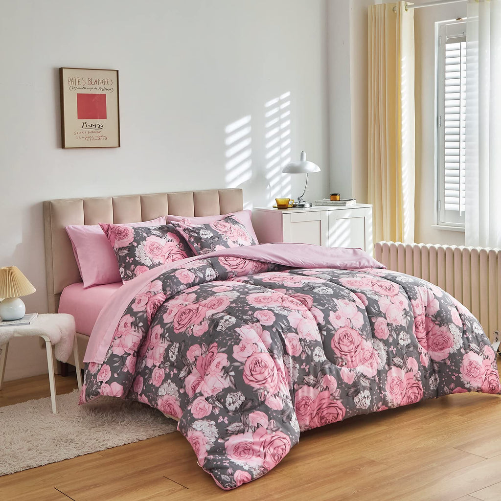Flower Comforter Sheet Set White Bed in a Bag 7 Pieces Size, Pink Floral Microfiber Bedding Set (1 Comforter 2 Pillow Shams 1 Flat Sheet 1 Fitted Sheet 2 Pillowcases)