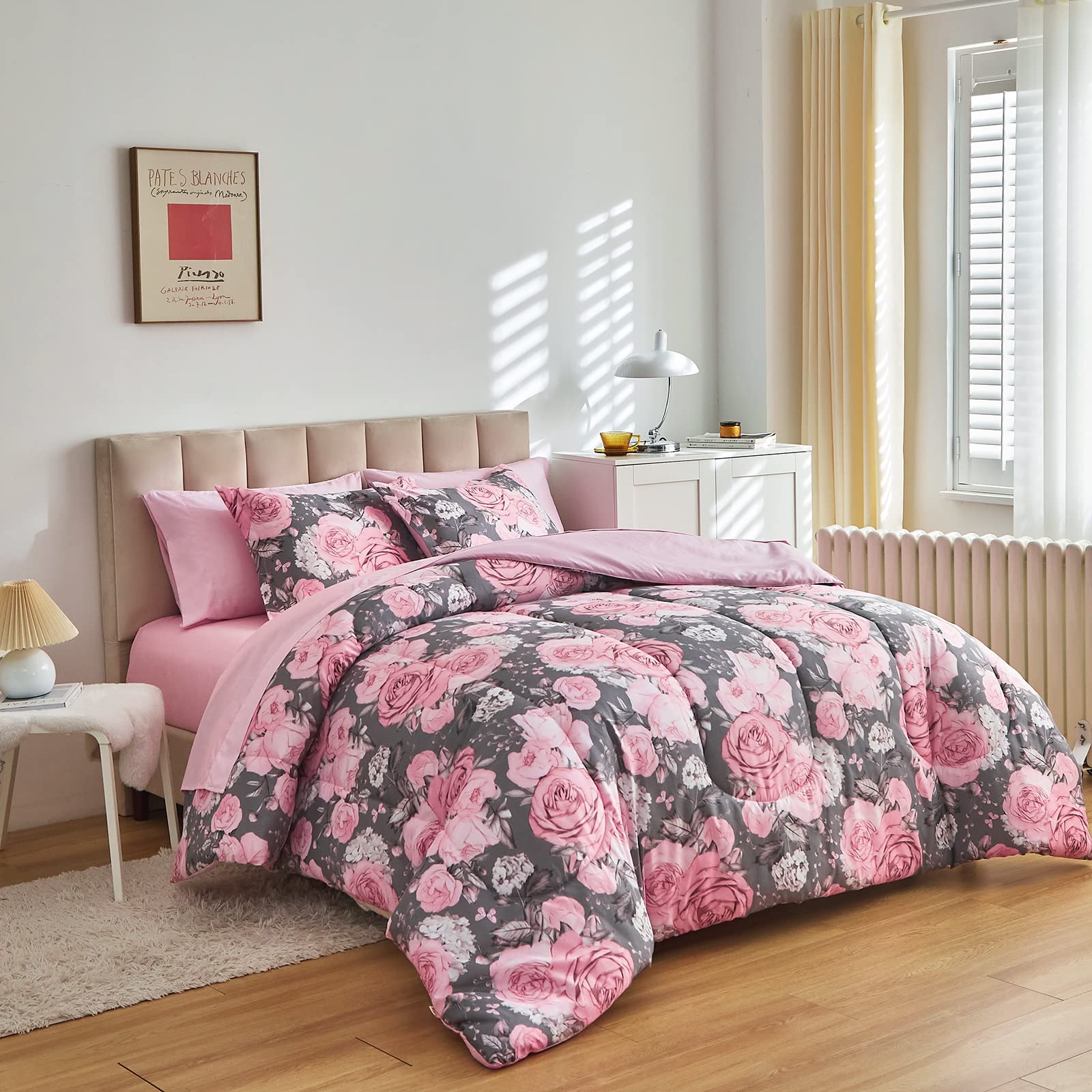 Flower Comforter Sheet Set White Bed in a Bag 7 Pieces Size Pink Floral Microfiber Bedding Set (1 Comforter 2 Pillow Shams 1 Flat Sheet 1 Fitted Sheet 2 Pillowcases)