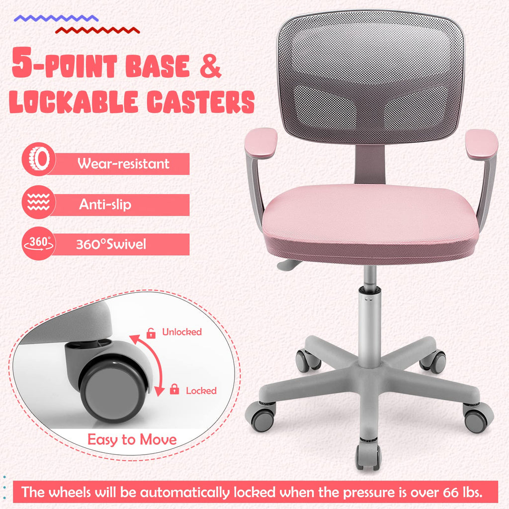 Swivel Adjustable Mesh Study Chair with Wheels & Arms, Ergonomic Computer Task Chair with Lumbar Support