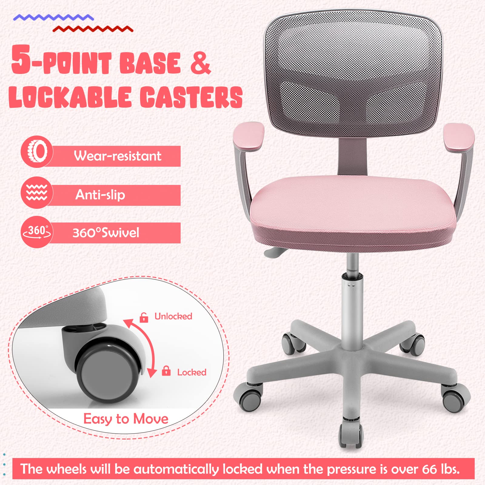 Swivel Adjustable Mesh Study Chair with Wheels & Arms, Ergonomic Computer Task Chair with Lumbar Support