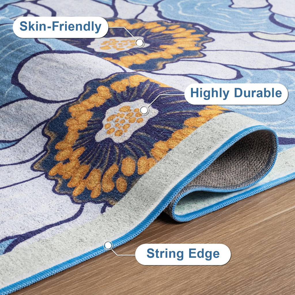 Faux Wool Boho Floral Area Rug Abstract Print Soft Carpet, TPR Non-Slip Backing, Machine Washable Low Pile Rug