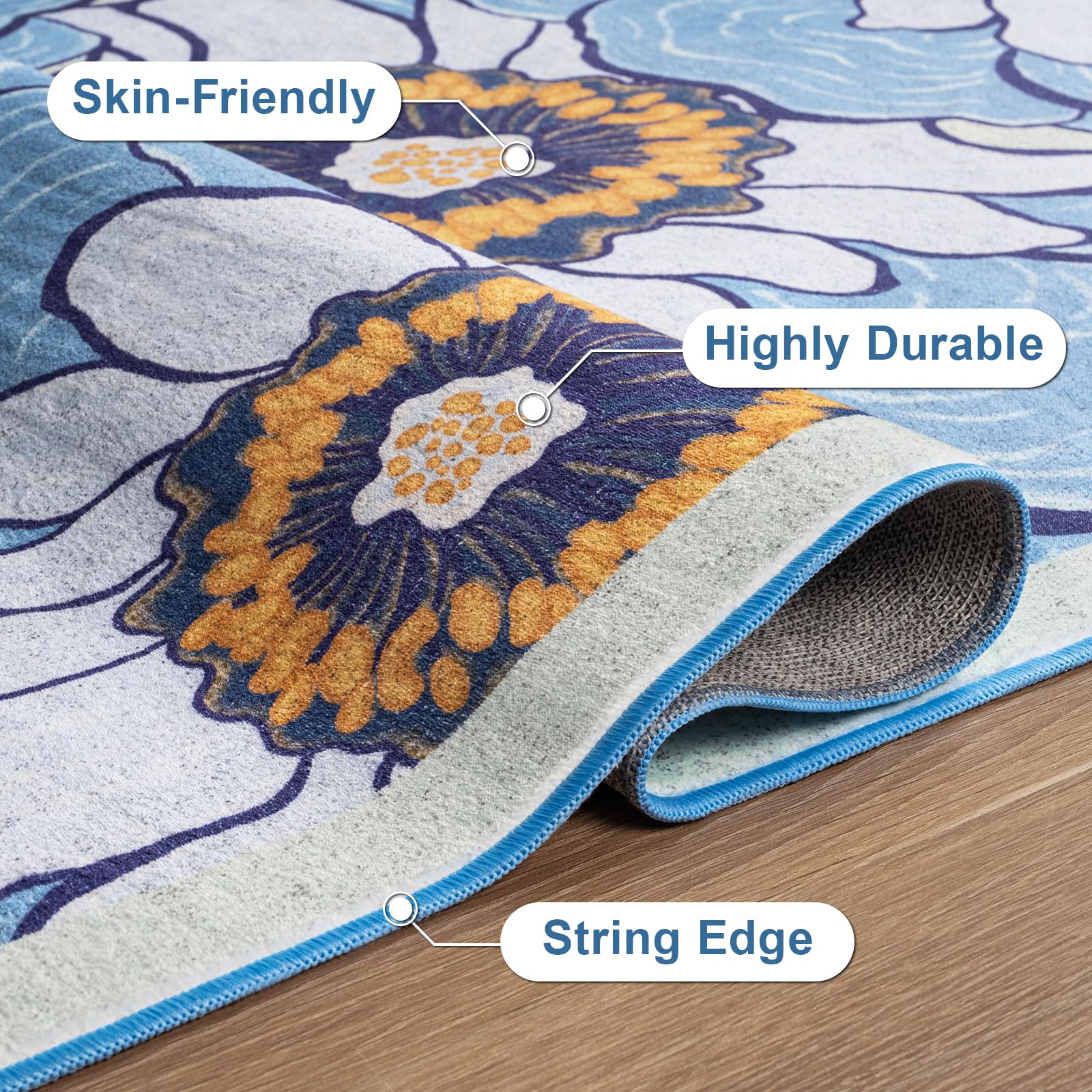 Faux Wool Boho Floral Area Rug Abstract Print Soft Carpet, TPR Non-Slip Backing, Machine Washable Low Pile Rug