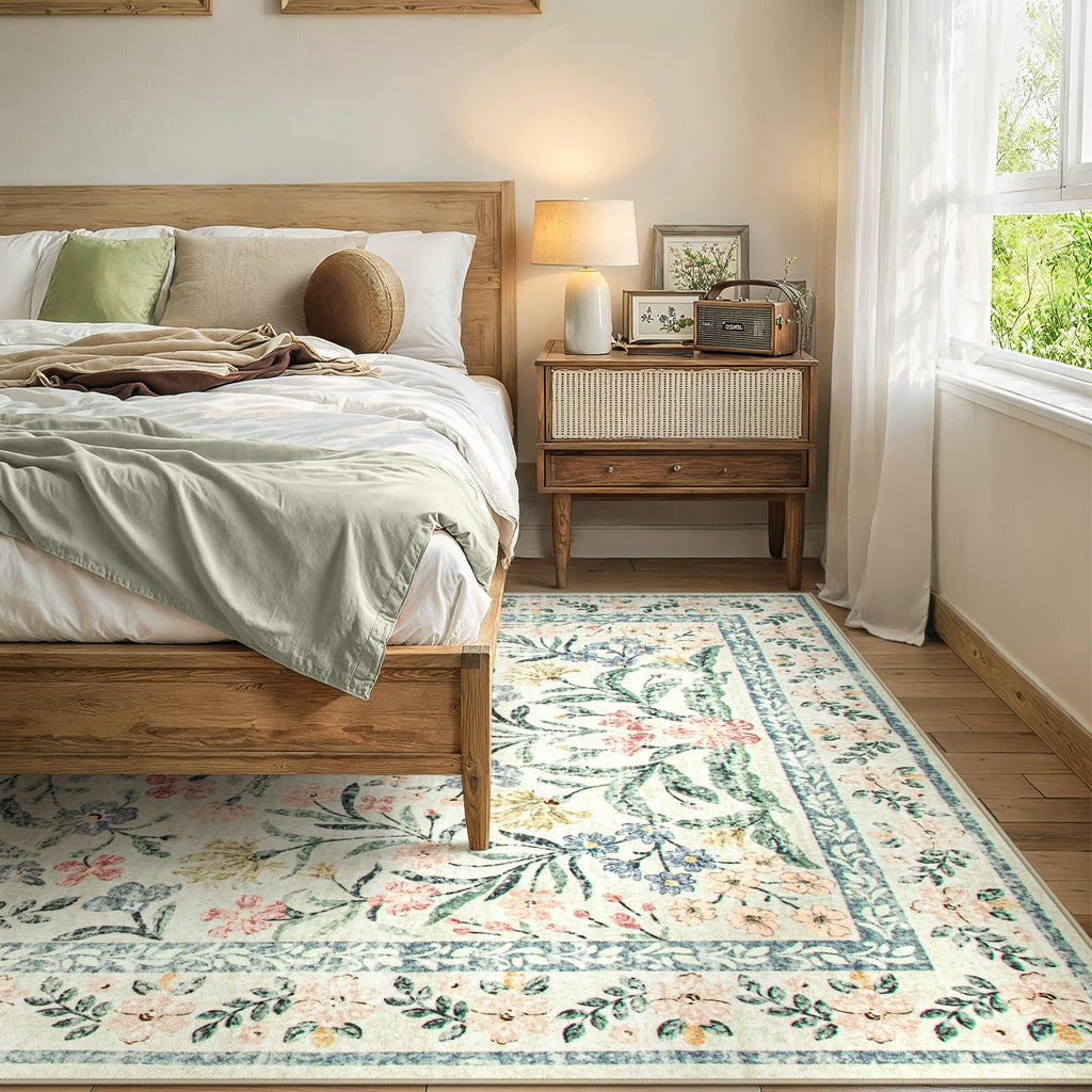 Machine Washable Boho Soft Floral Carpet Non Slip, Indoor Ultra-Thin Floor Carpet for Kid Room Living Room Dorm