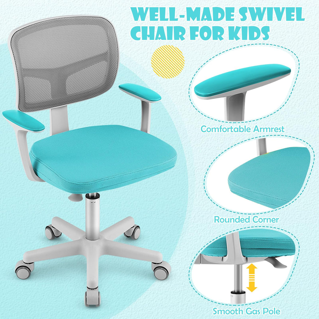 Swivel Adjustable Mesh Study Chair with Wheels & Arms, Ergonomic Computer Task Chair with Lumbar Support