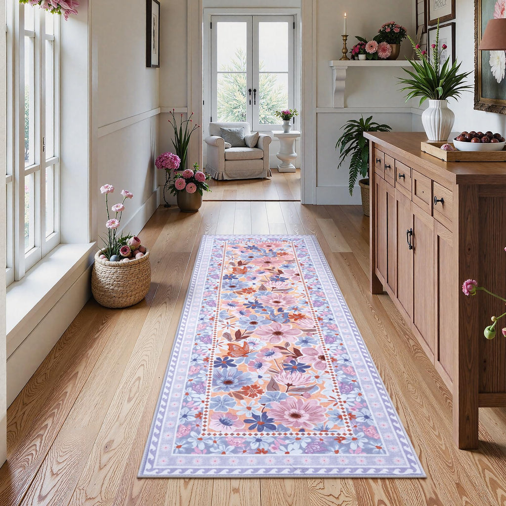 Floral Hallway Runner Rug, Runner Rugs Non Skid Washable, Low Pile Soft Boho Rugs