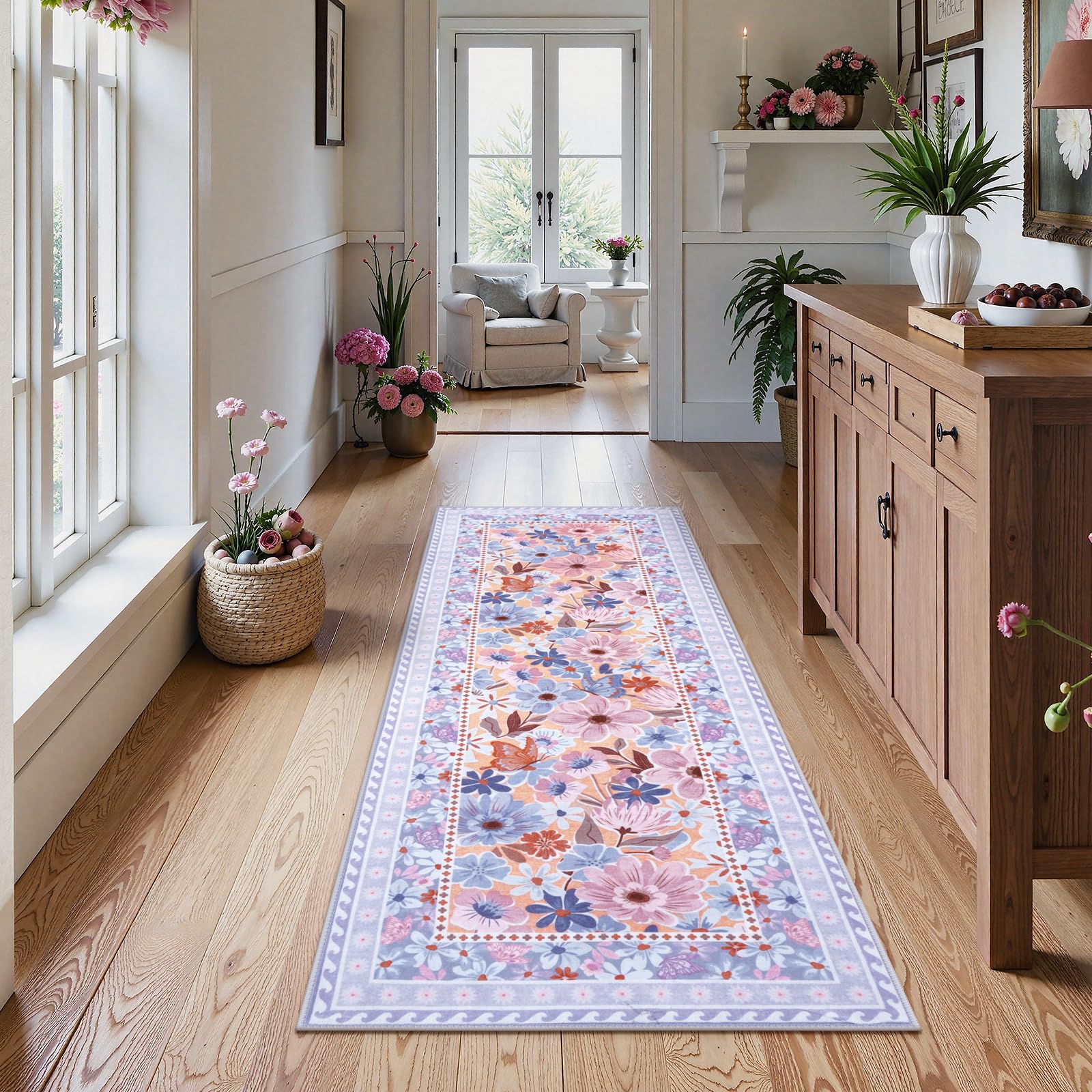 Floral Hallway Runner Rug, Runner Rugs Non Skid Washable, Low Pile Soft Boho Rugs