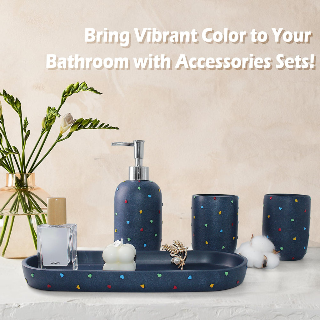 Premium Bathroom Accessories Sets 4-Piece, Pastel Heart Bathroom Accessory Complete Set - Toothbrush Holder, Lotion Soap Dispenser, Vanity Tray, Bathroom Tumbler for Countertop Vanity