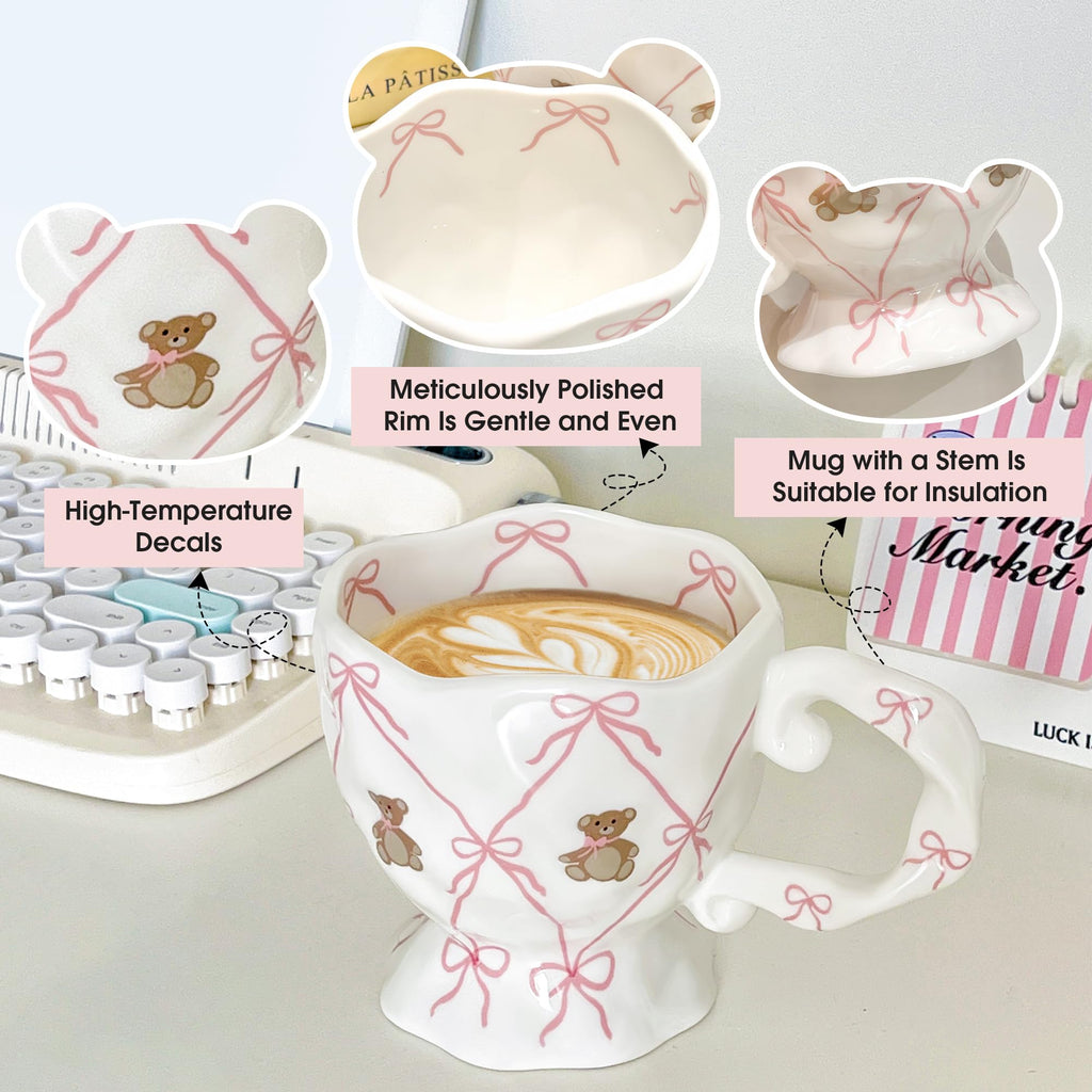 Handmade Kawaii Ceramic Mug with Pink Bow and Cute Bear â€?14 oz Novelty Cup