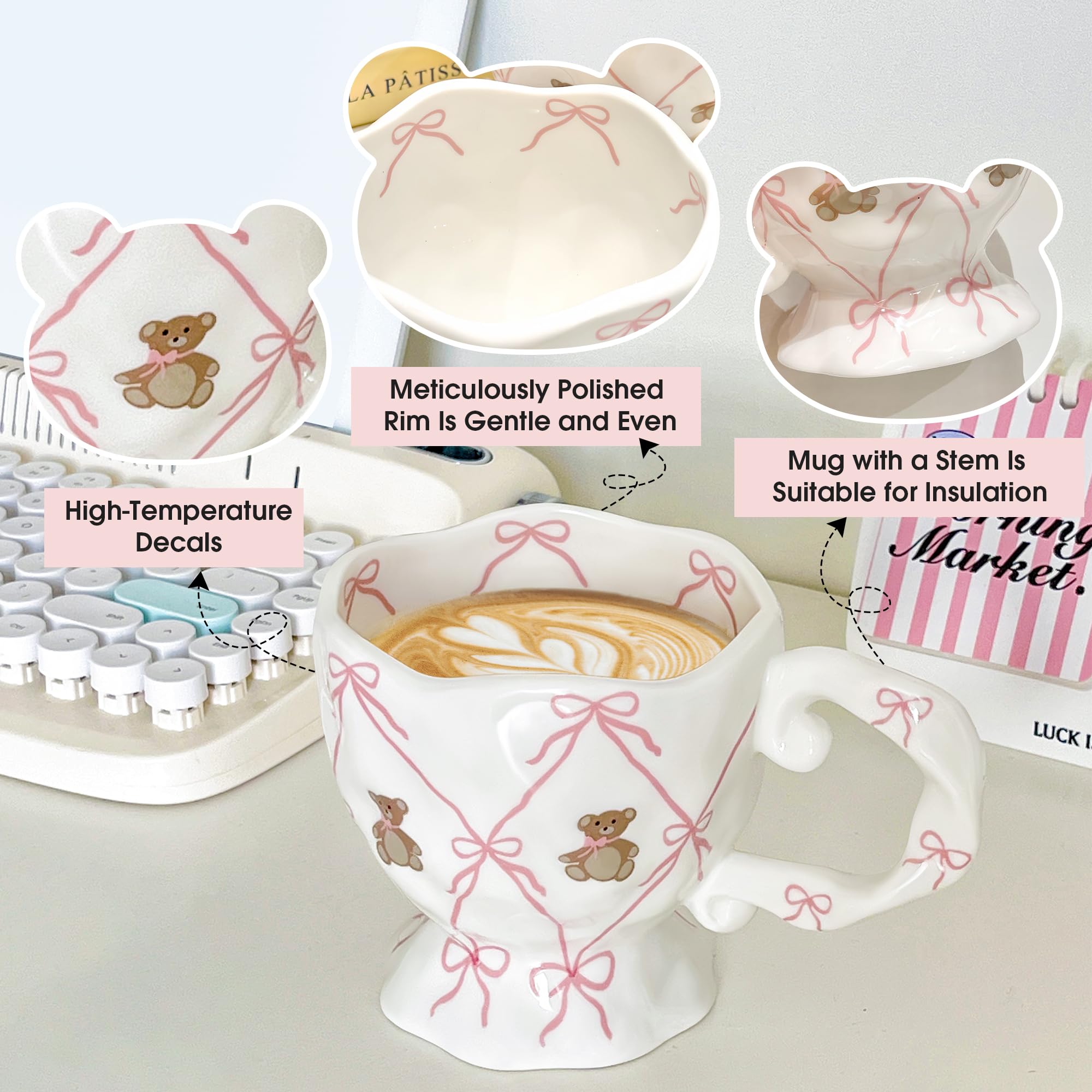 Handmade Kawaii Ceramic Mug with Pink Bow and Cute Bear â€?14 oz Novelty Cup