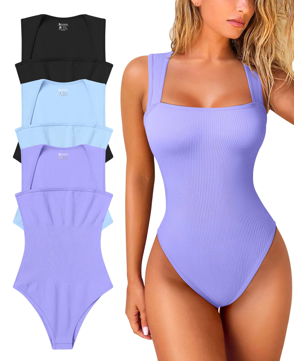 Women's 3 Piece Bodysuits Sexy Ribbed Strappy Square Neck Sleeveless Tummy Control Tank Tops Bodysuits