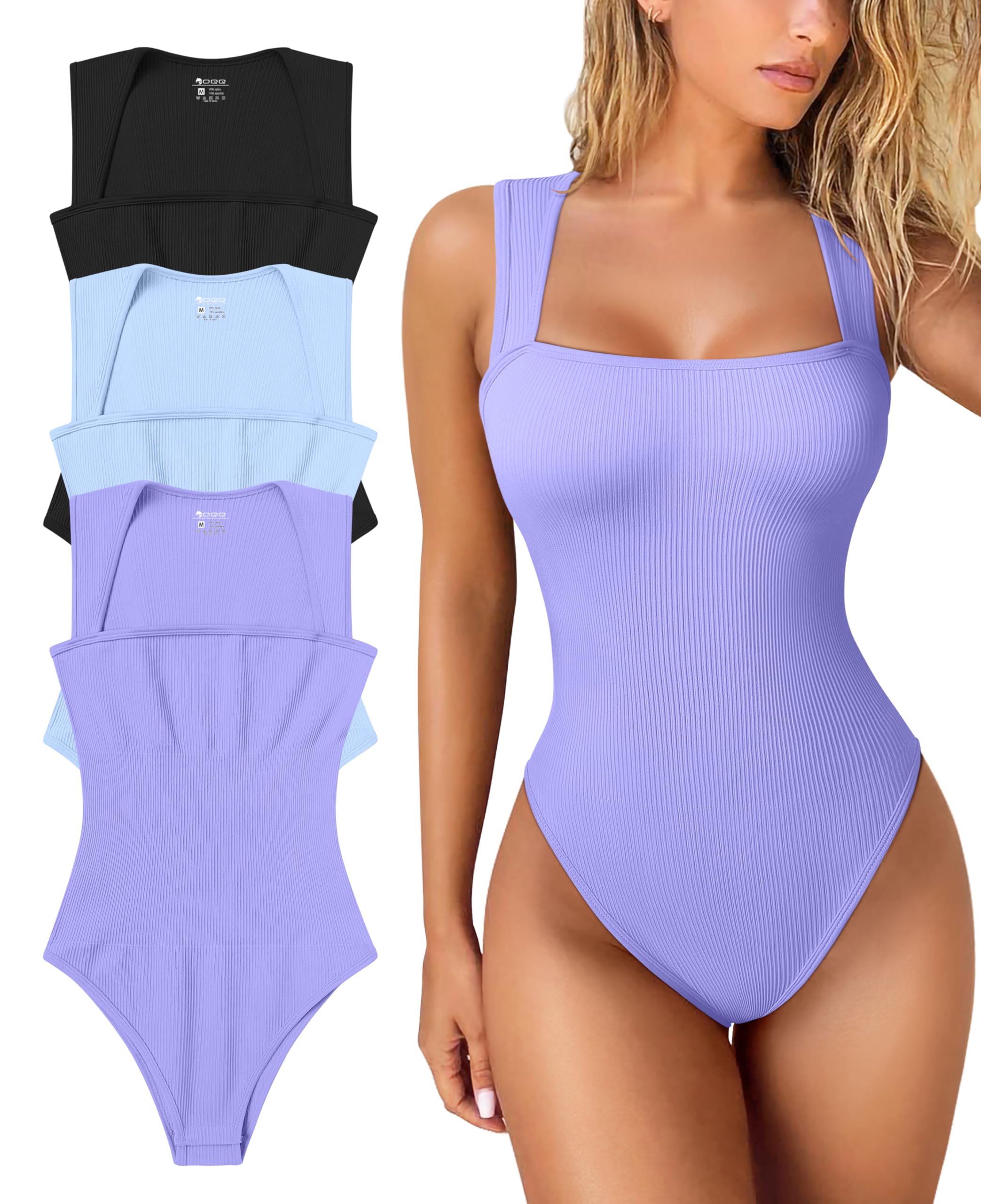Women's 3 Piece Bodysuits Sexy Ribbed Strappy Square Neck Sleeveless Tummy Control Tank Tops Bodysuits