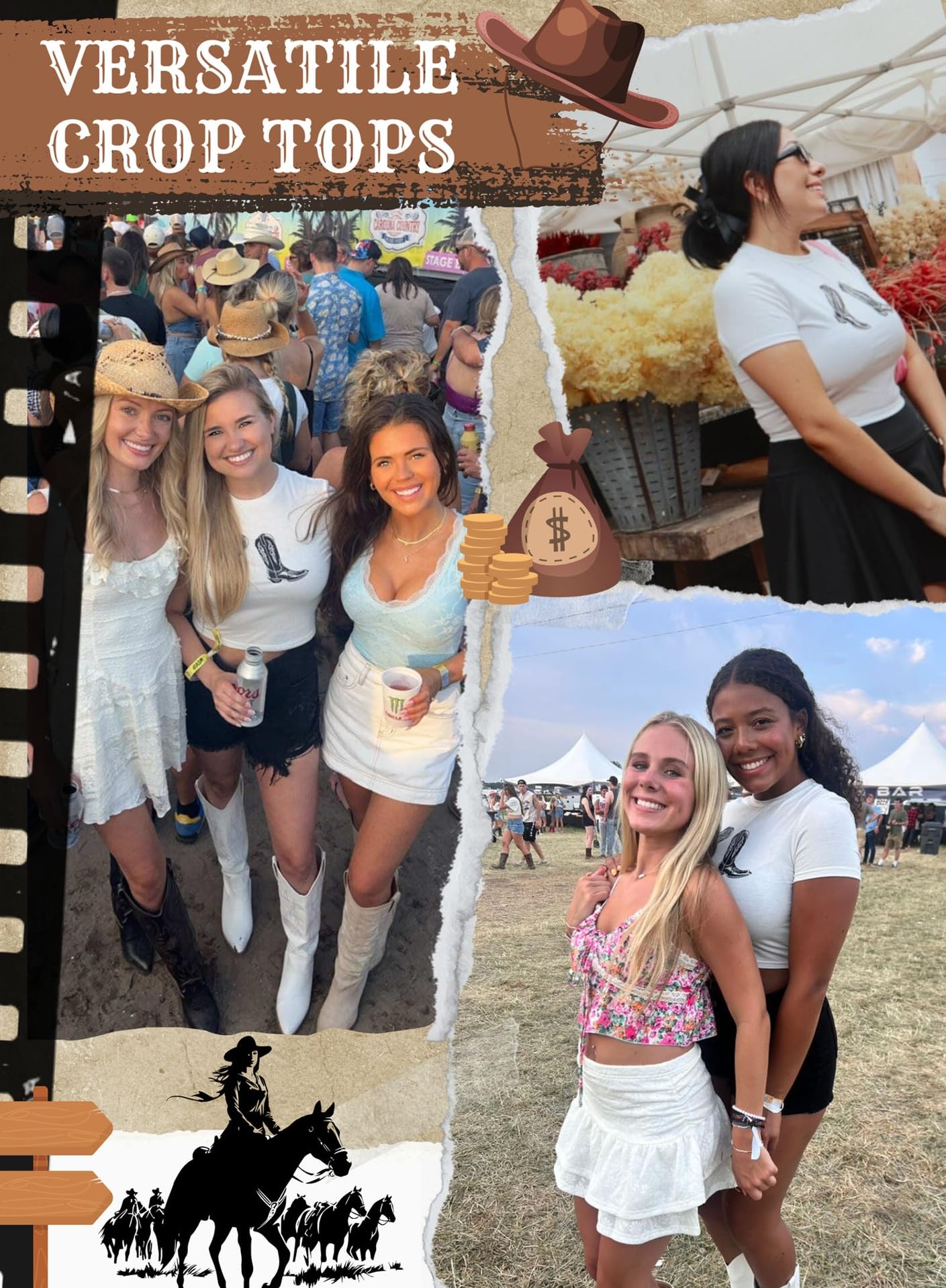 Western Cowgirl Crop Tops for Women - Country Rodeo Outfits Boot Print Summer Slim Shirt Sexy Cowboy Tee