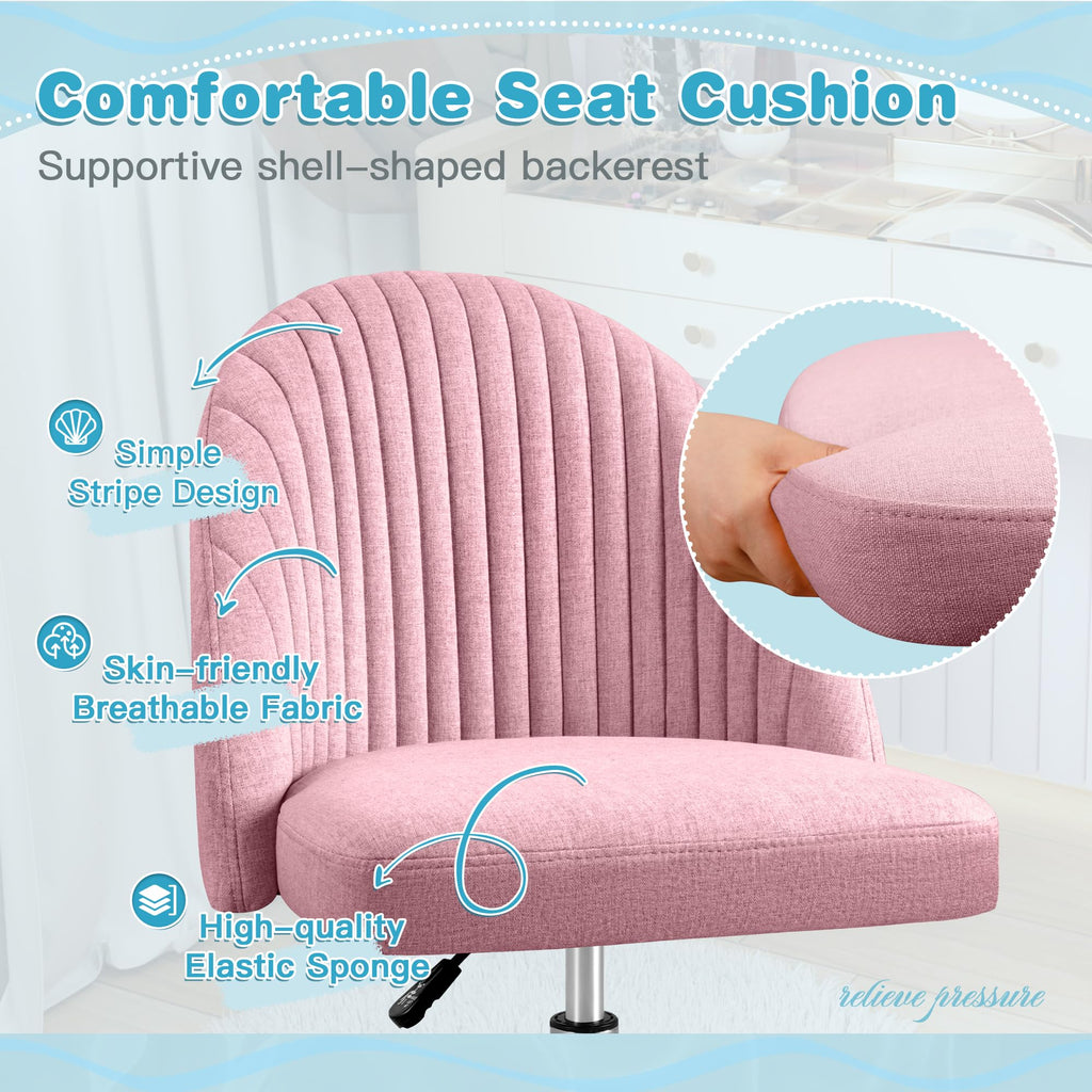 Modern Armless Cute Adjustable Swivel Padded Fabric Vanity Chair with Wheels