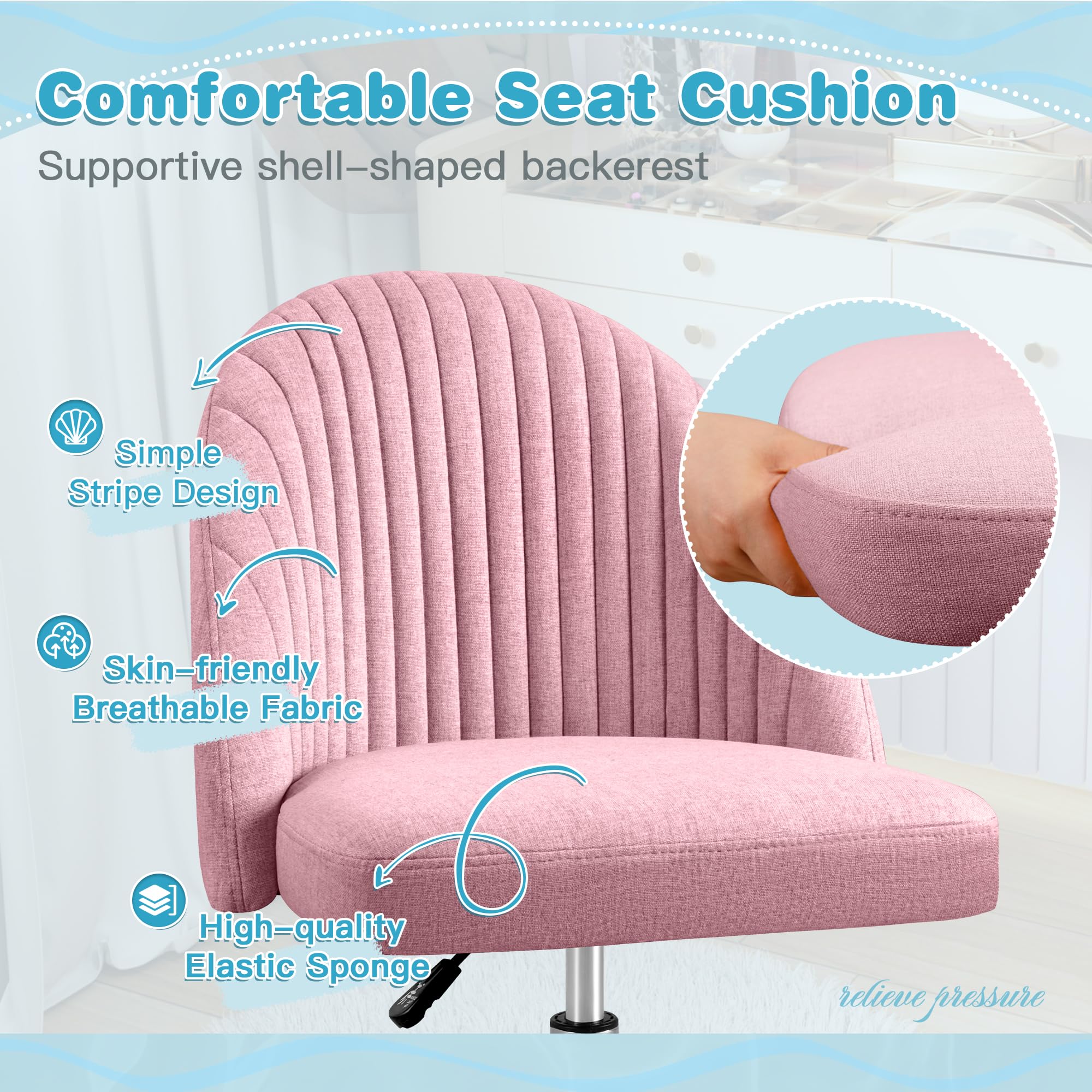 Modern Armless Cute Adjustable Swivel Padded Fabric Vanity Chair with Wheels