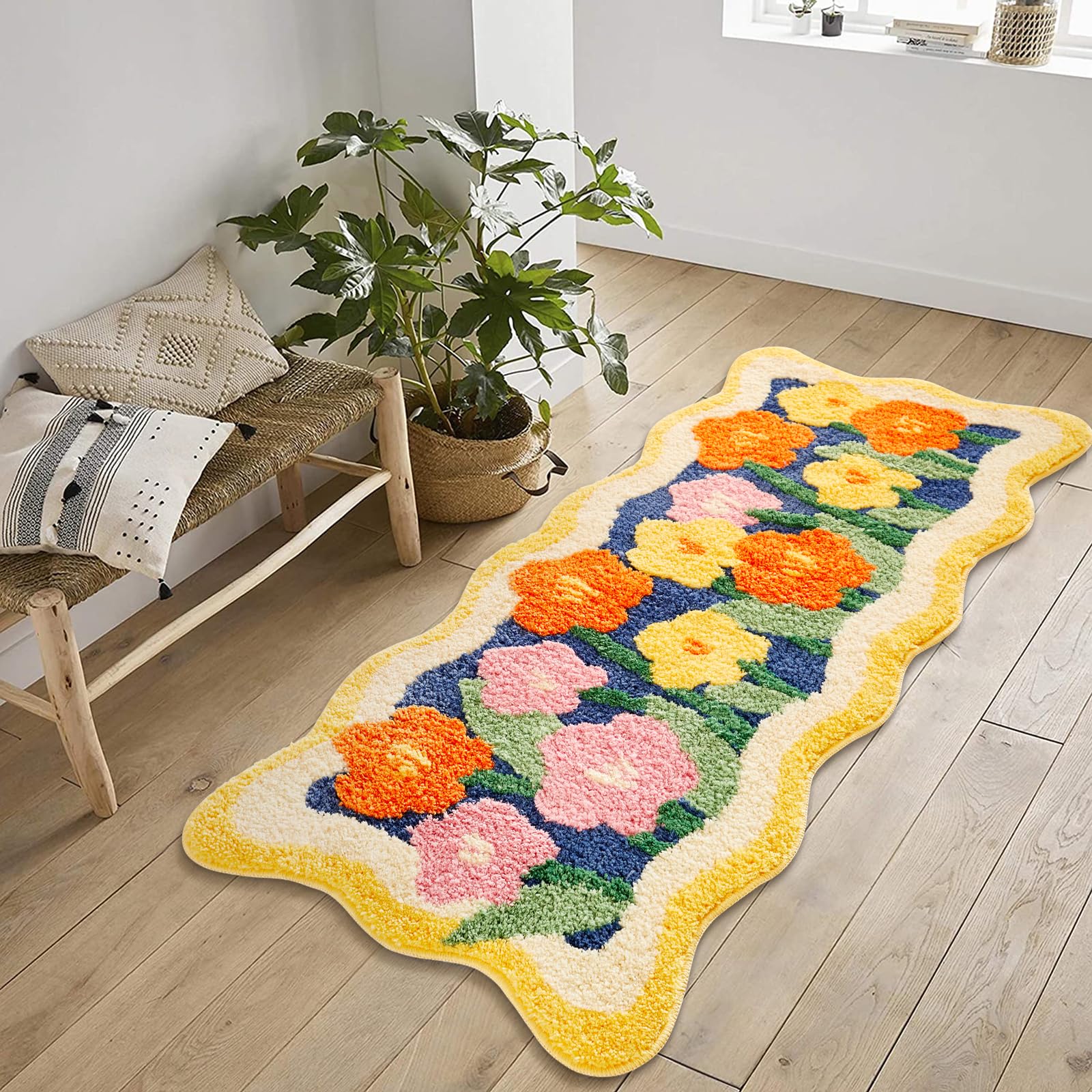 Colorful Cute Flower Bathroom Kitchen Runner Rugs - Non-Slip Machine Washable, Shaggy Orange Yellow Aesthetic Long Bath Mat Daisy Rug, Modern Boho Floral Bedside Indoor entry Rugs