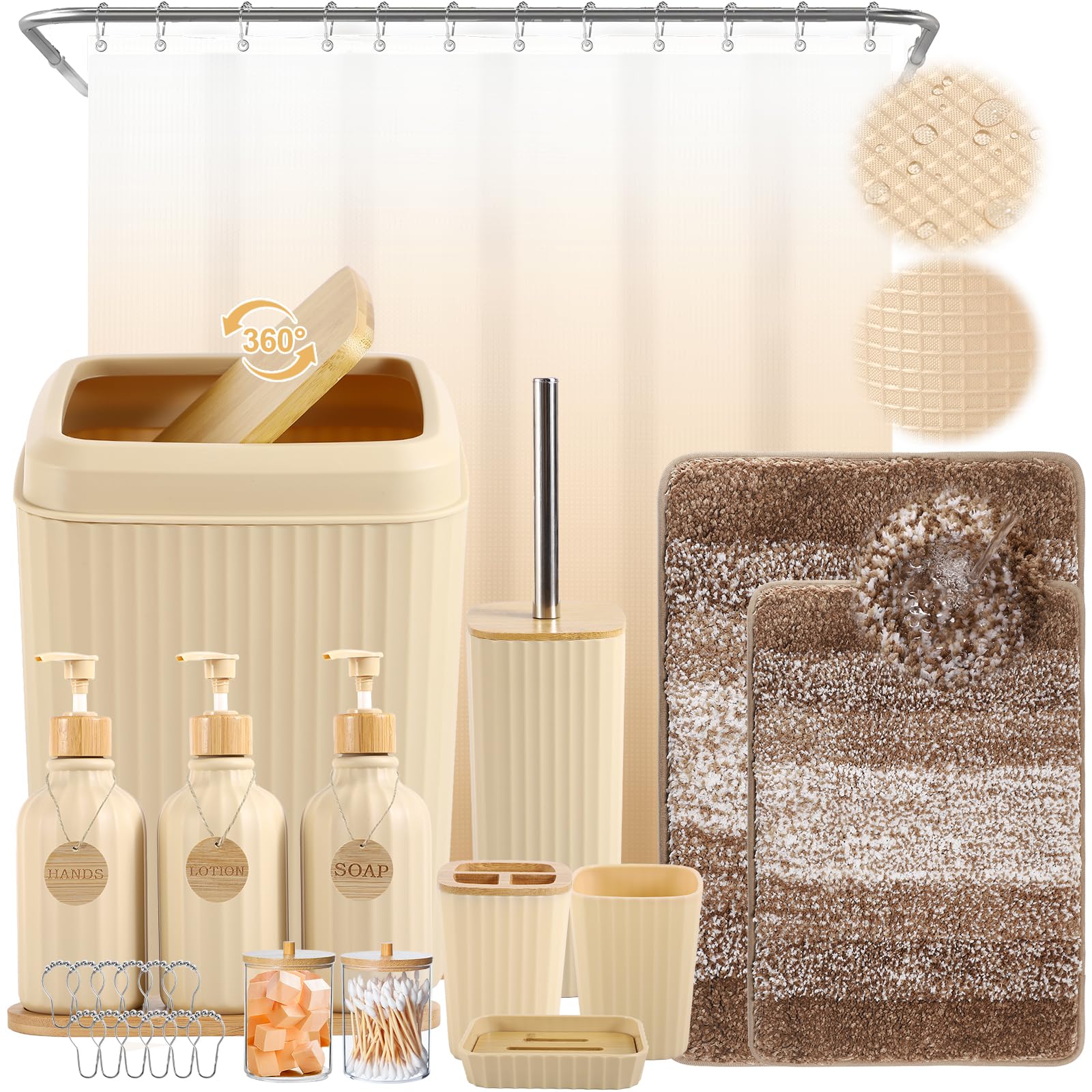 Simply Bathroom Accessories Set 17PCS Bathroom Set with Trash Can 3PCS Lotion Soap Dispenser, Toothbrush Holder, Soap Dish,Tumbler Cup, 6PCS Wood Tags Bath Accessories with Tray for Kitchen Bathroom