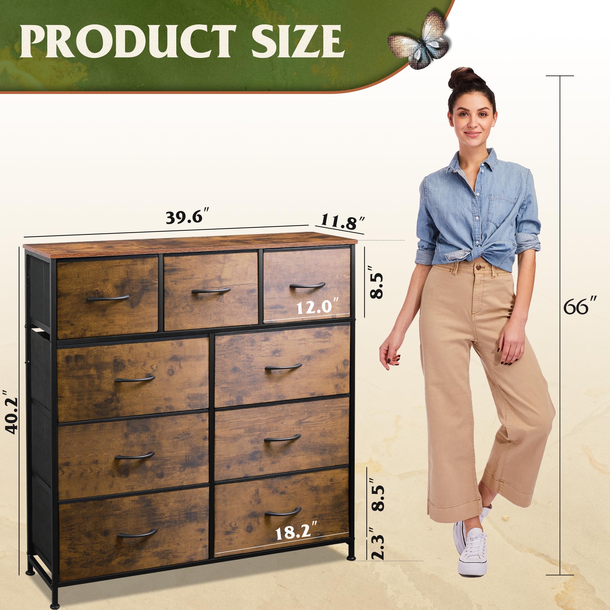 Drawer Fabric 9 Dresser â€?Tall Storage Tower with Bins, Steel Frame, and Wood Top