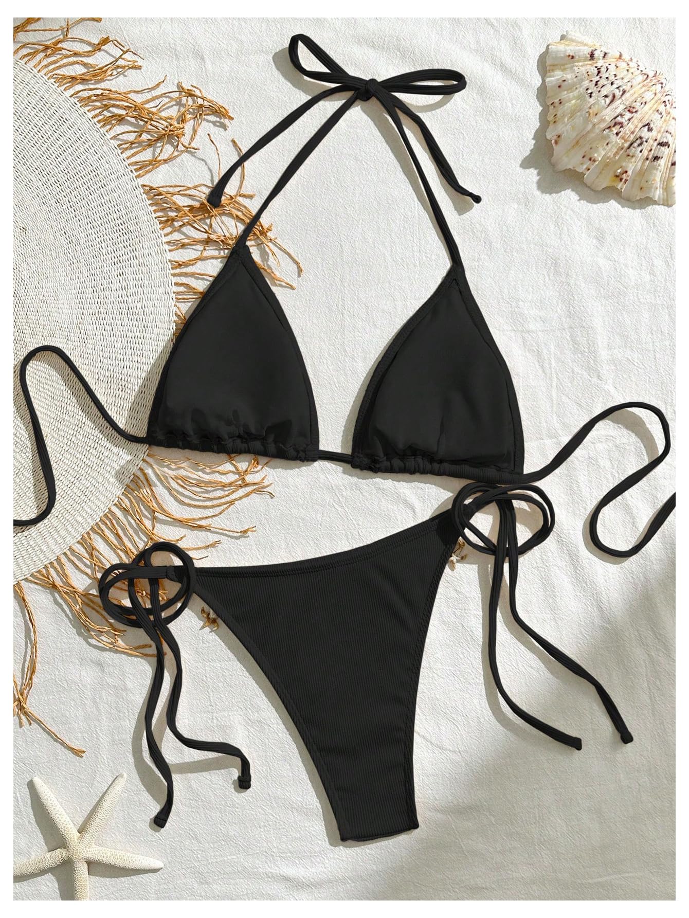 Women's 2 Piece Halter Triangle Bathing Suit Ribbed Bikini Swimsuits