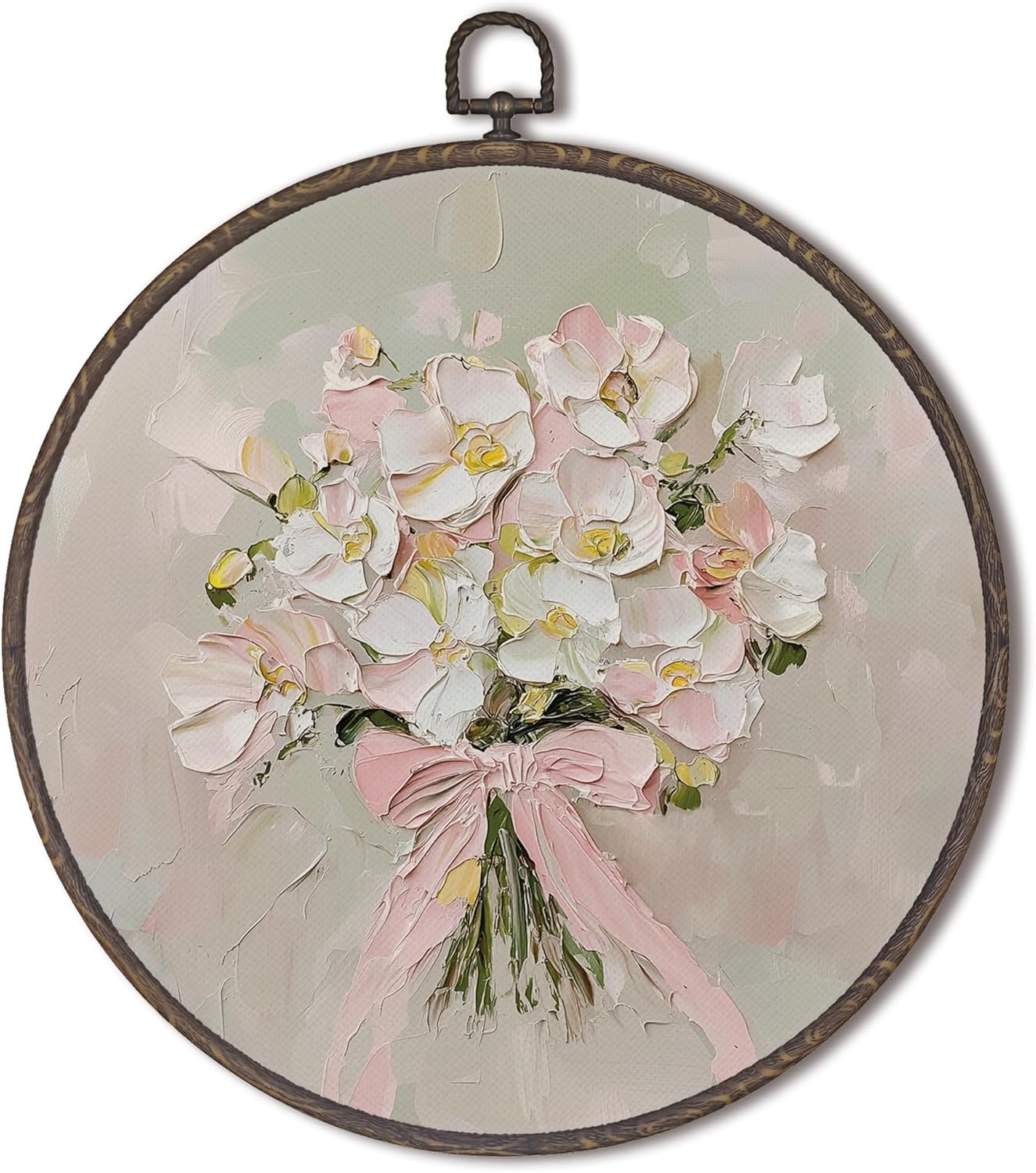 Vintage Coquette Floral Round Framed Wall Art Decor, Pink Coquette Bow Flower Girls Hanging Wall Art Pictures Paintings, 10x10 Inches