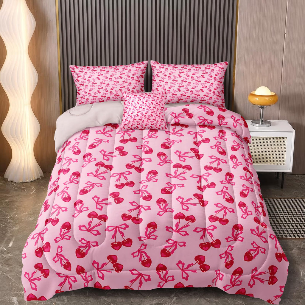 Pink Bowknot Comforter Set 4 Pcs Bow Tie Princess Bedding Blush Red Cherry Bed Quilt