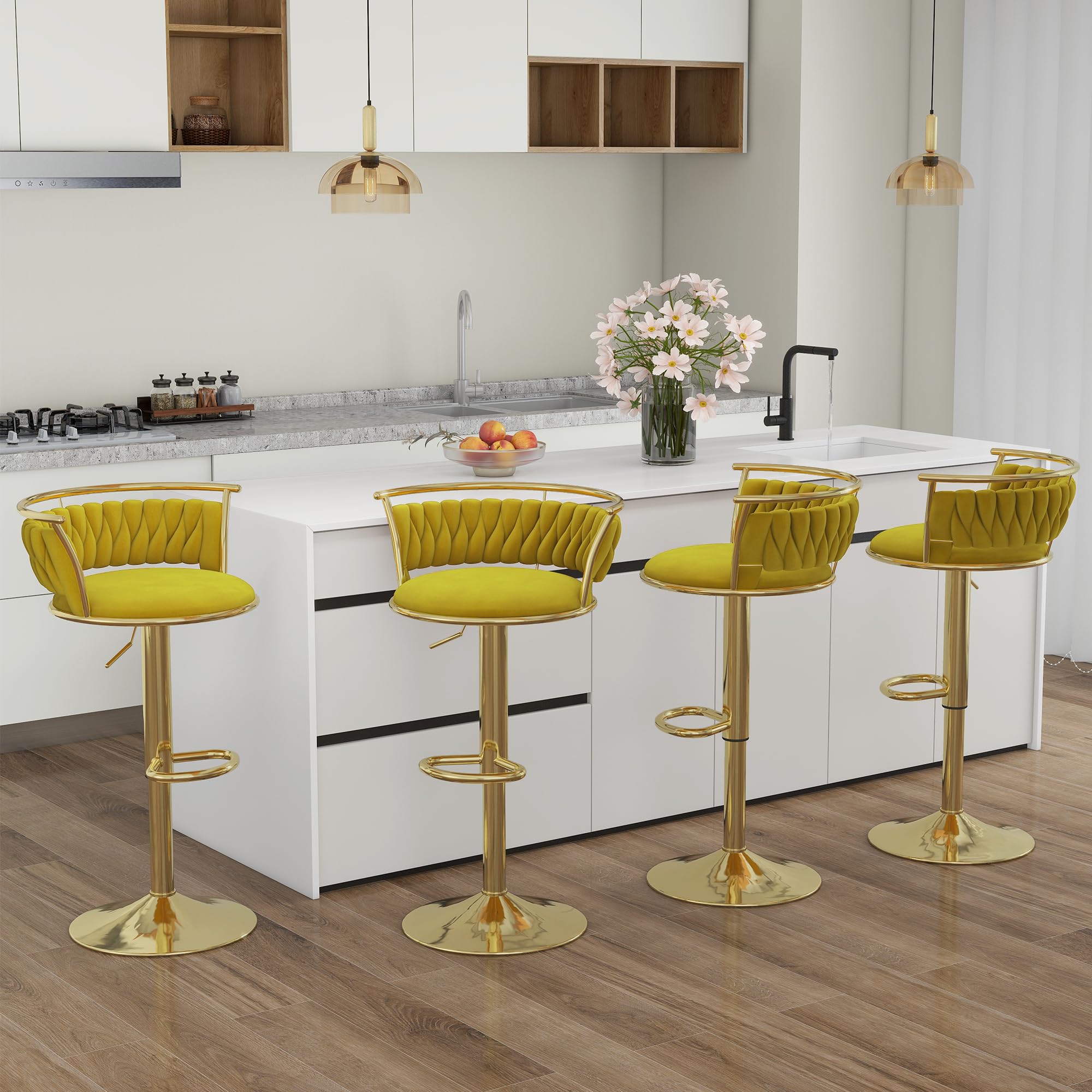 Velvet Swivel Bar Stools, Adjustable Counter Height Bar Chairs with Low Back & Footrest, Modern Gold Bar Stools for Kitchen Island, Bar Pub