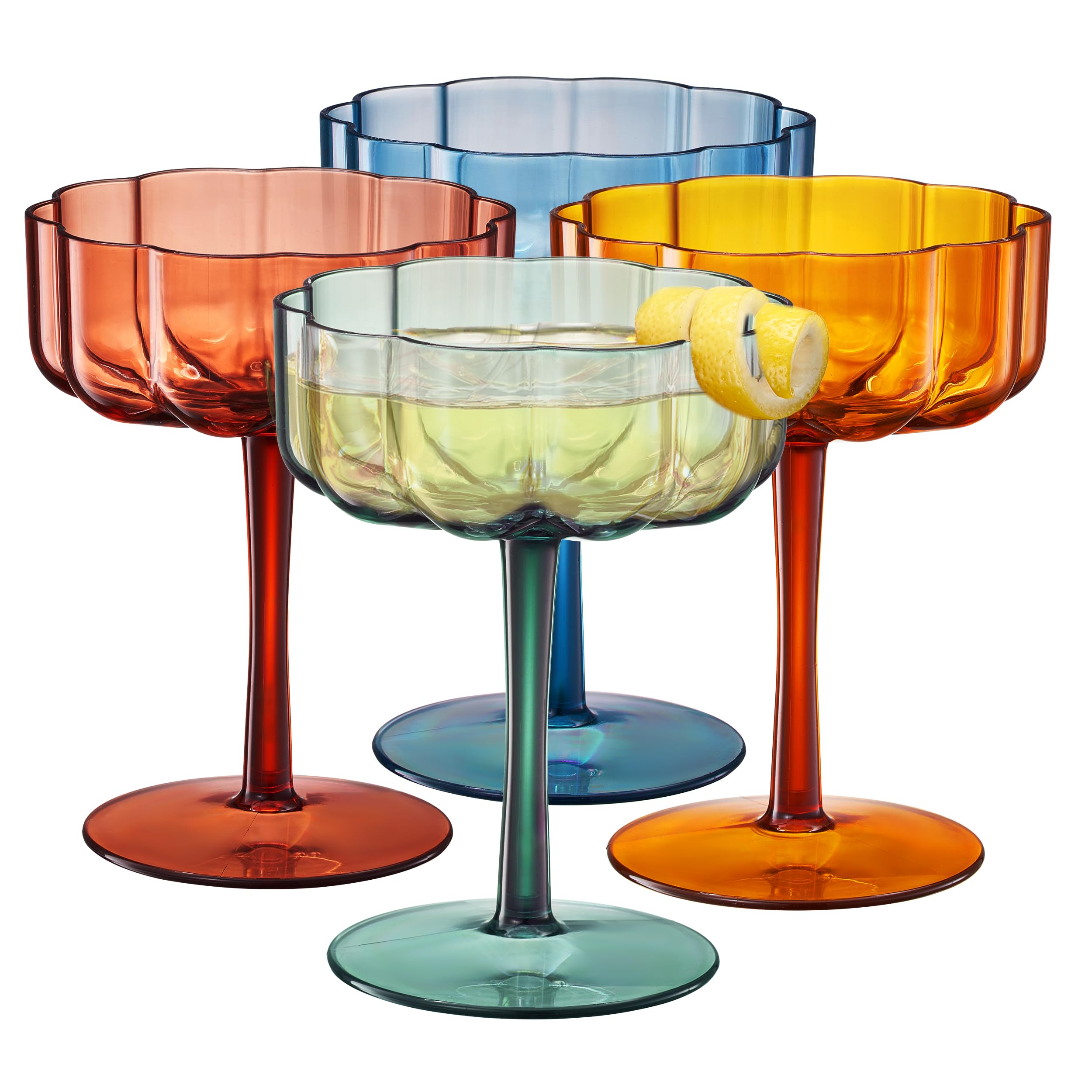 Shatterproof Acrylic Flower Wavy Vintage Art Deco Martini, Champagne & Cocktail Muted Pastel Color Plastic Tritan Coupe Glasses